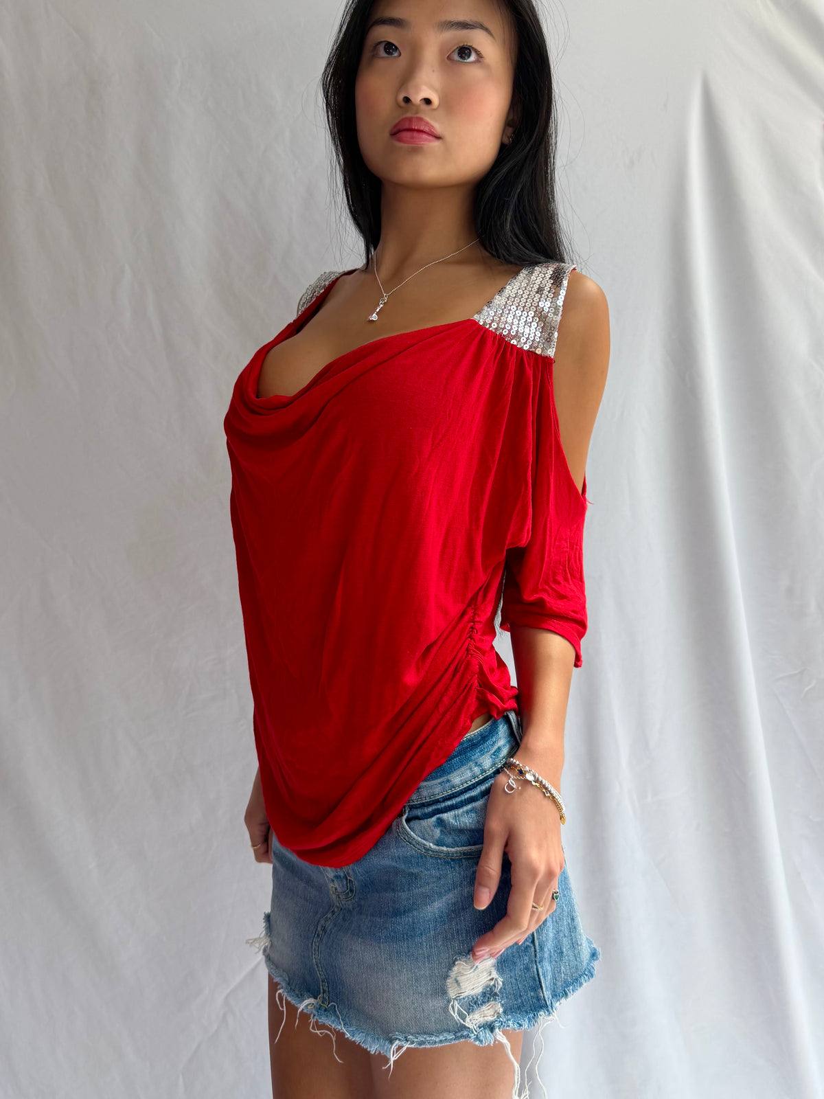 Vintage red sequin off the shoulder top