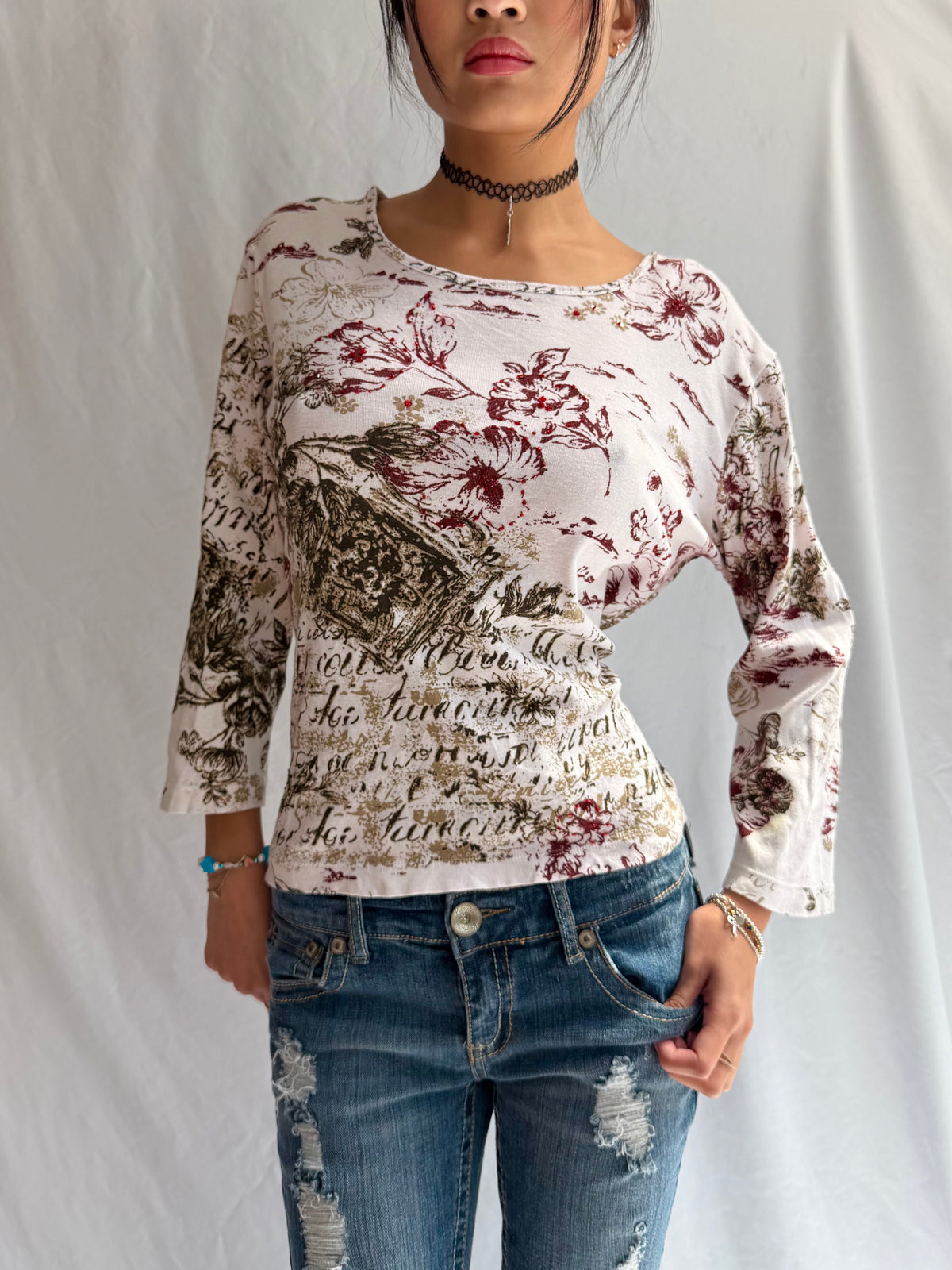 Vintage white & brown rhinestone long sleeve top