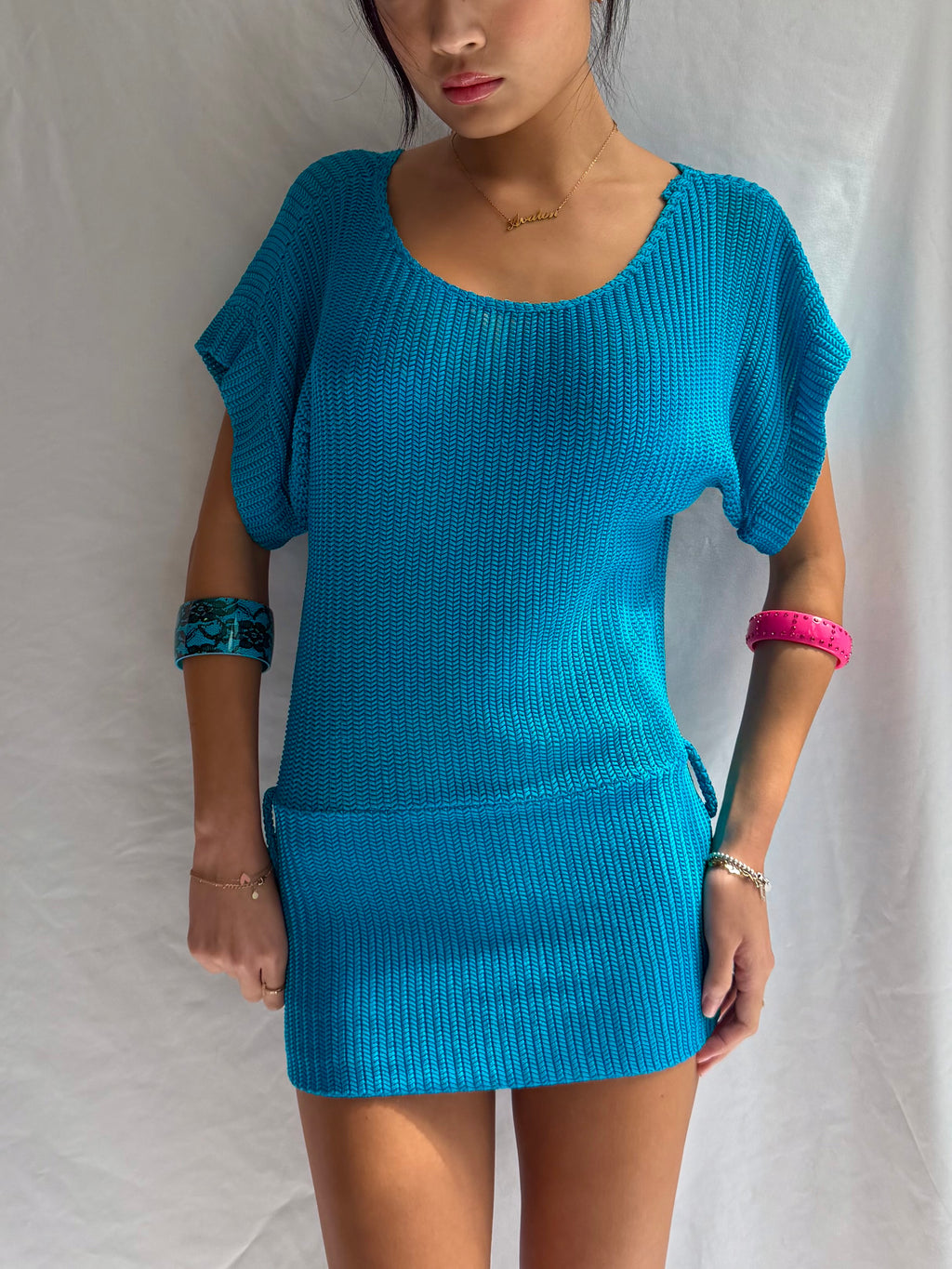 Vintage teal crochet sweater mini dress
