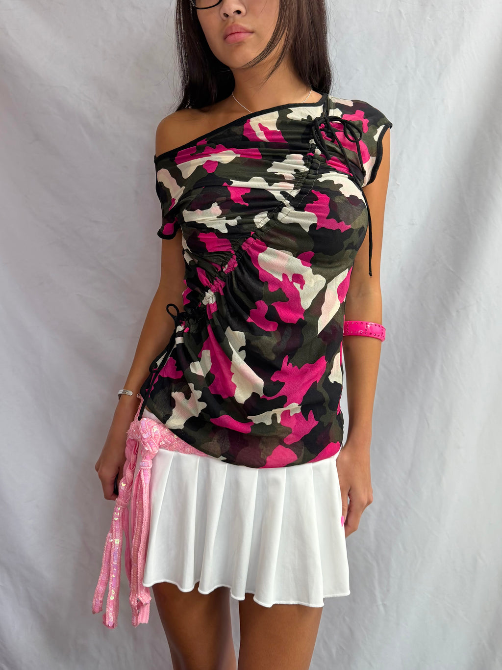 Vintage pink camo off the shoulder top