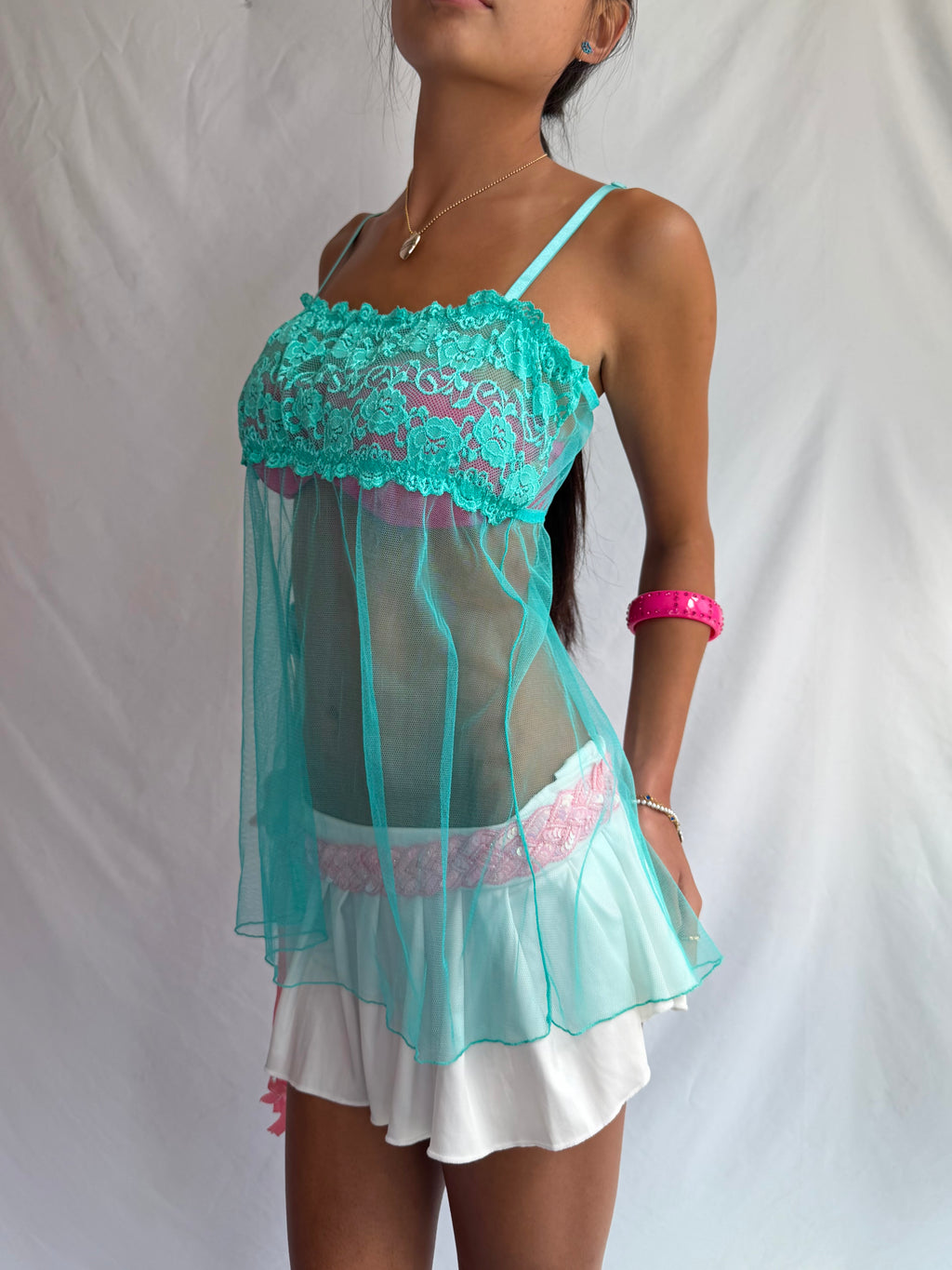 Vintage teal lace babydoll cami