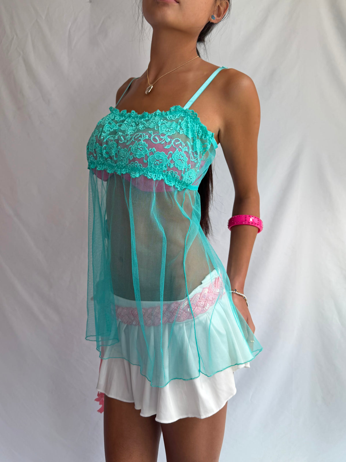 Vintage teal lace babydoll cami