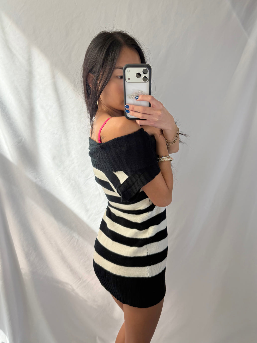 Vintage black & white striped sweater mini dress