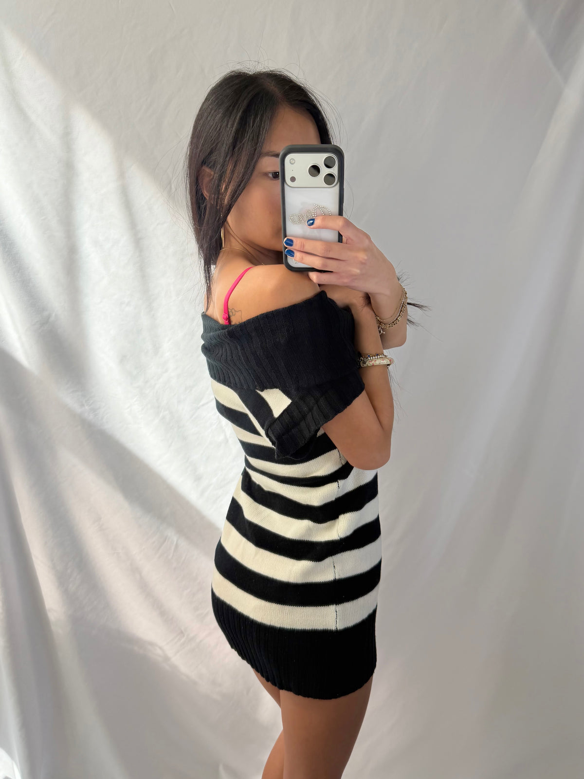 Vintage black & white striped sweater mini dress