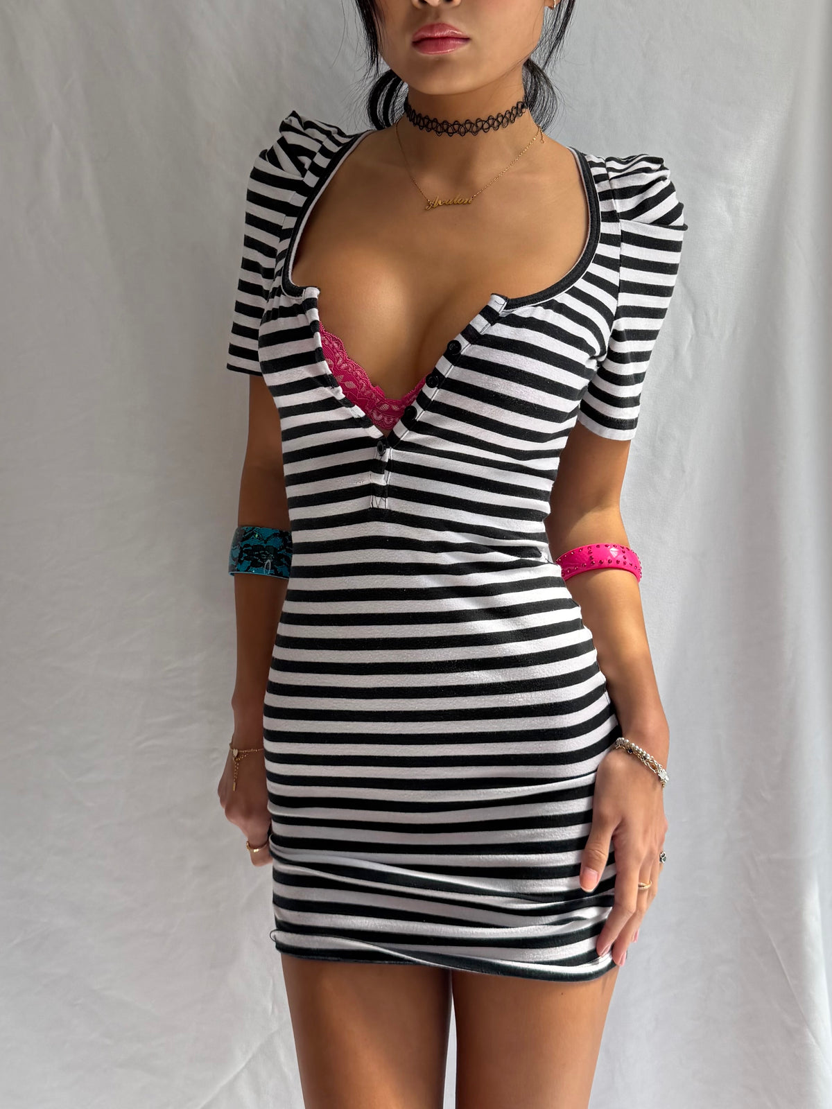 Vintage black & white striped fitted mini dress