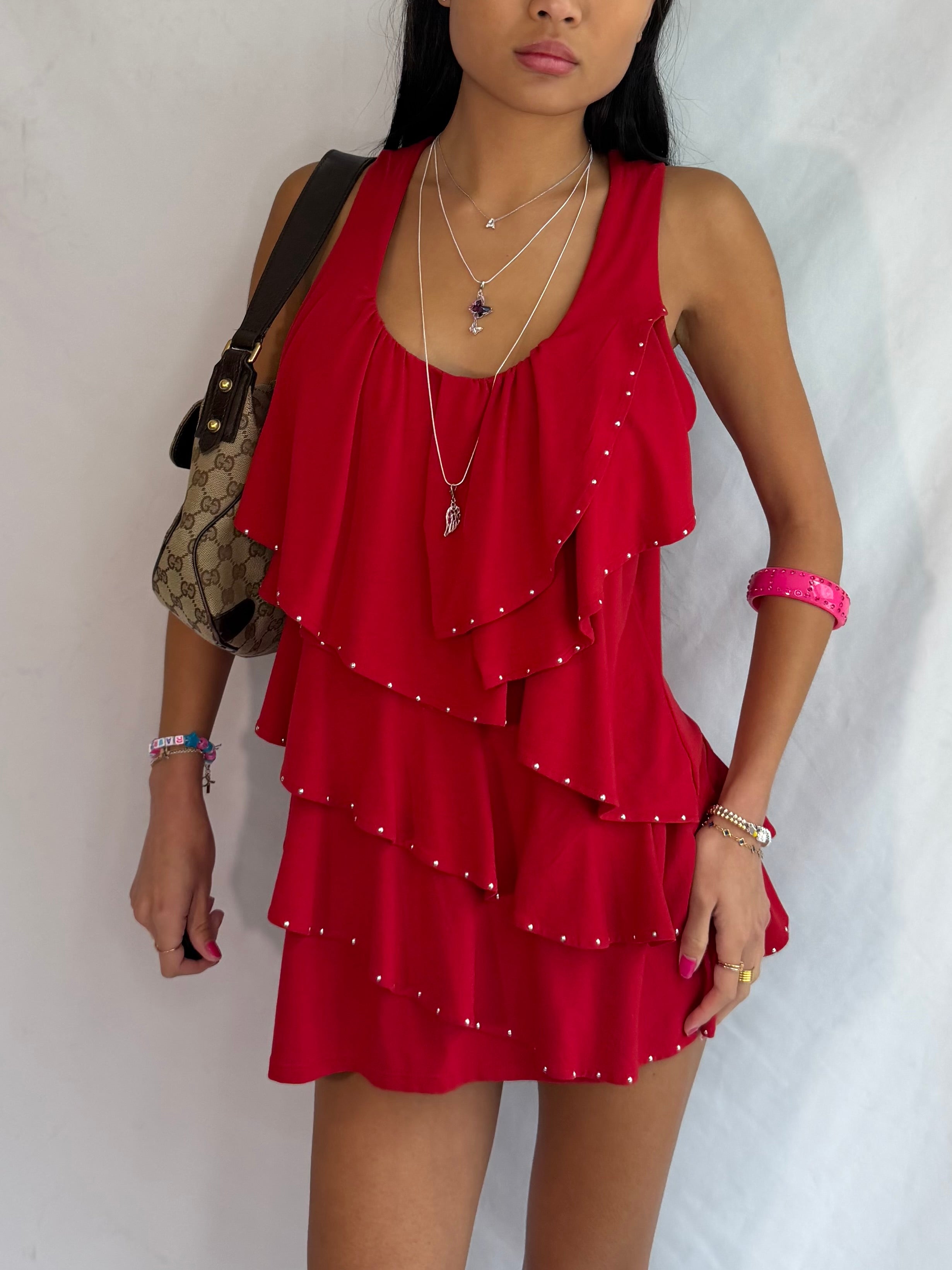 vintage red ruffle mini dress .𖥔 ݁ ˖