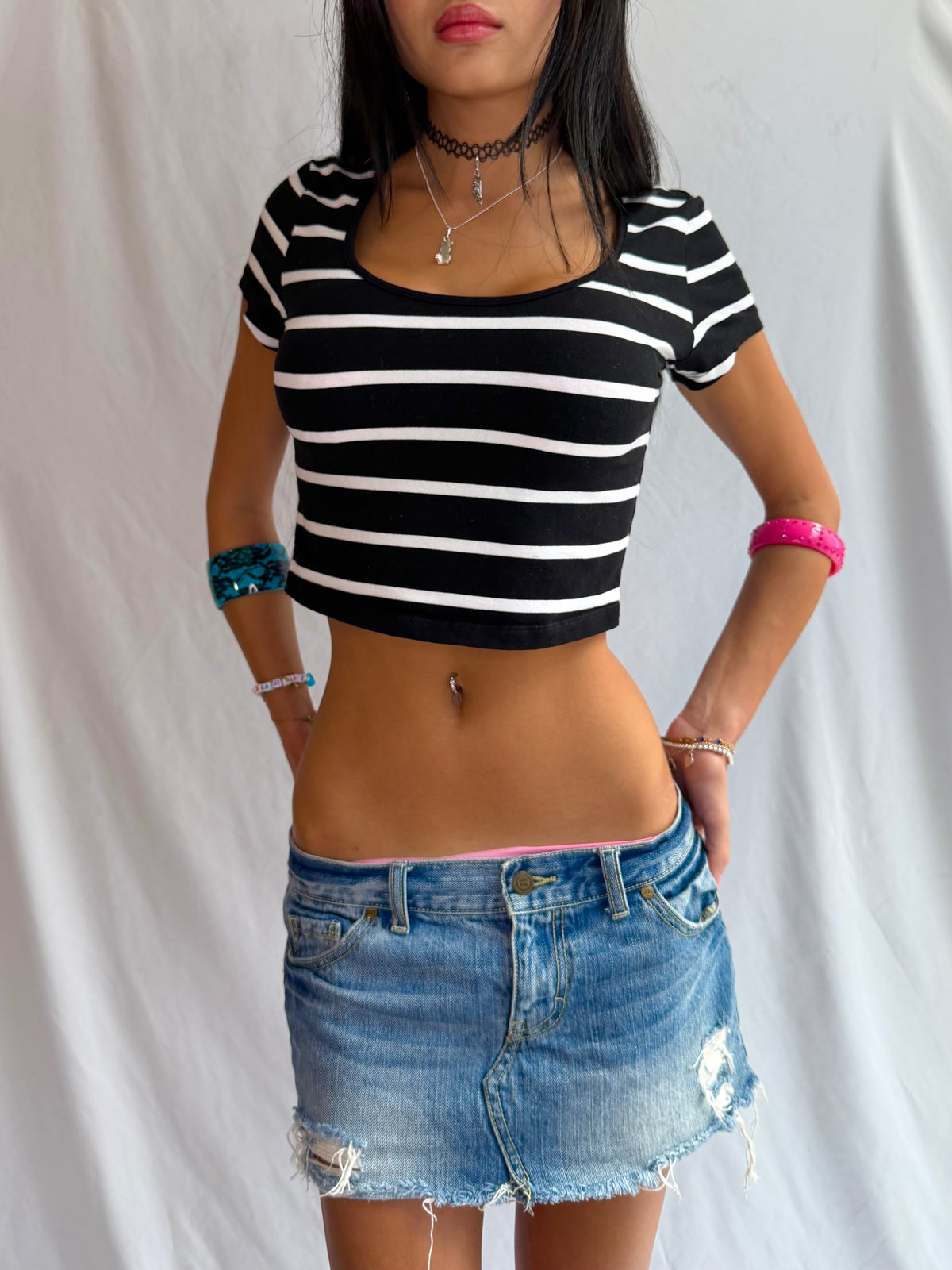 Vintage navy & white striped crop top