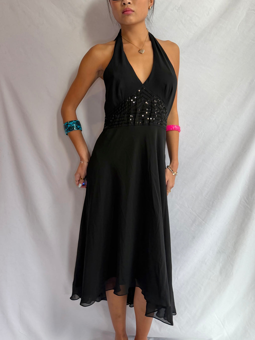Vintage black sequin halter midi dress
