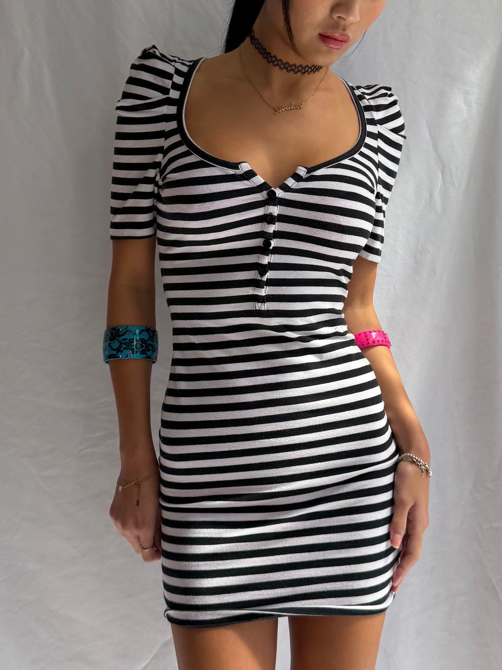 Vintage black & white striped fitted mini dress