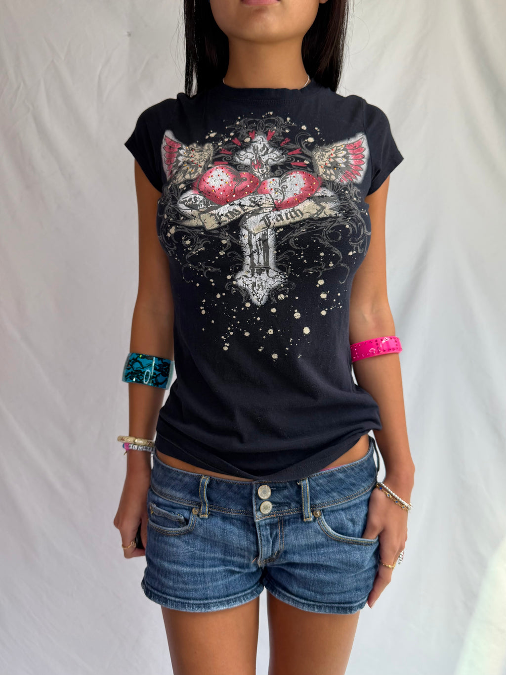 Vintage black rhinestone cross top