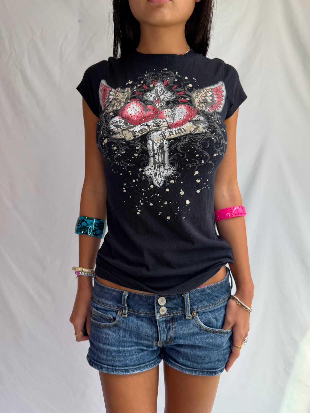 Vintage black rhinestone cross top