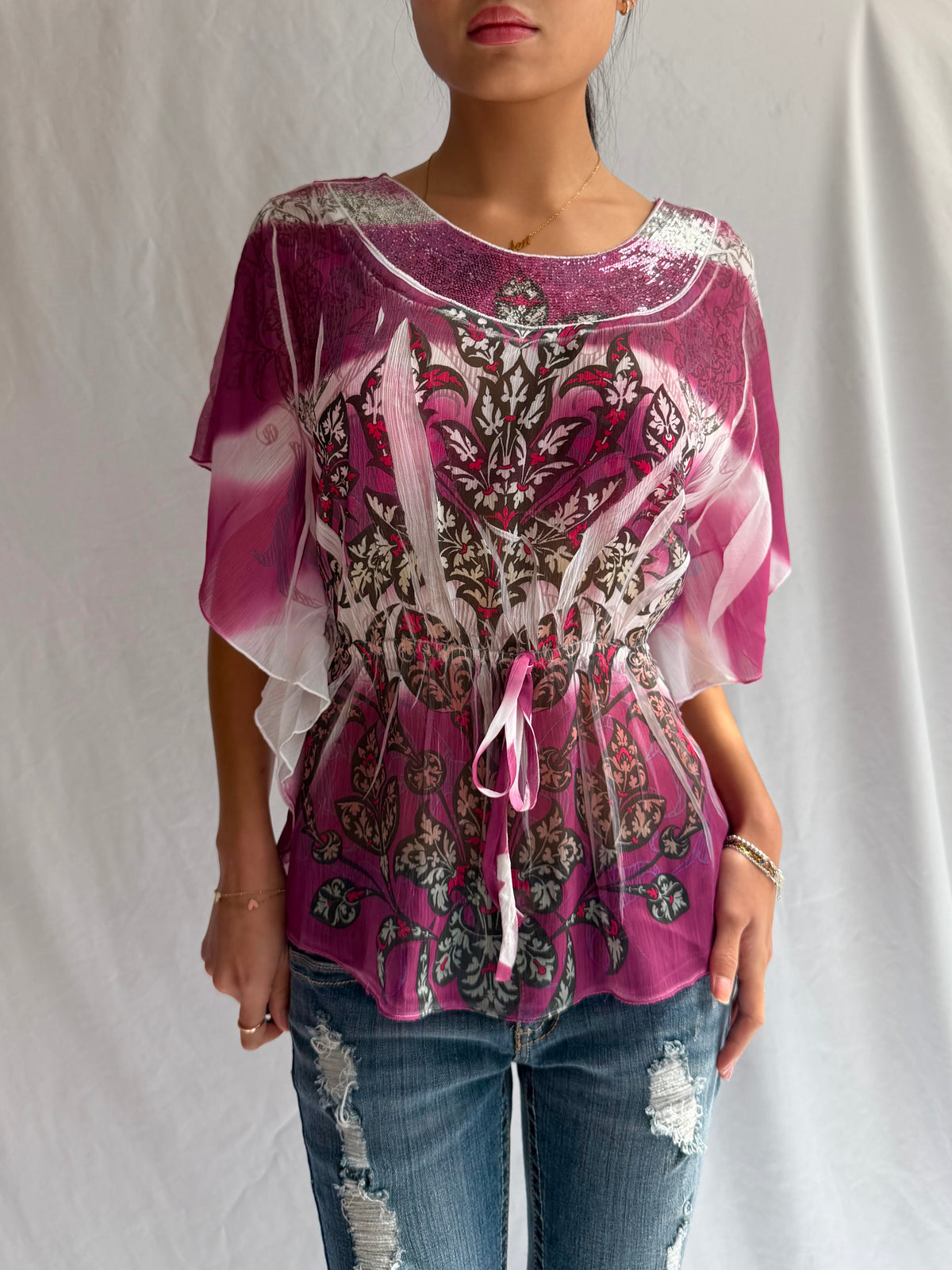 Vintage pink floral sequin top