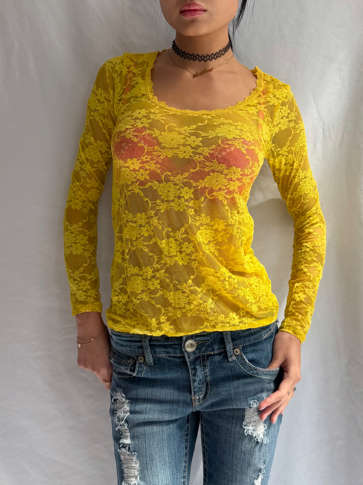 Vintage yellow lace long sleeve top