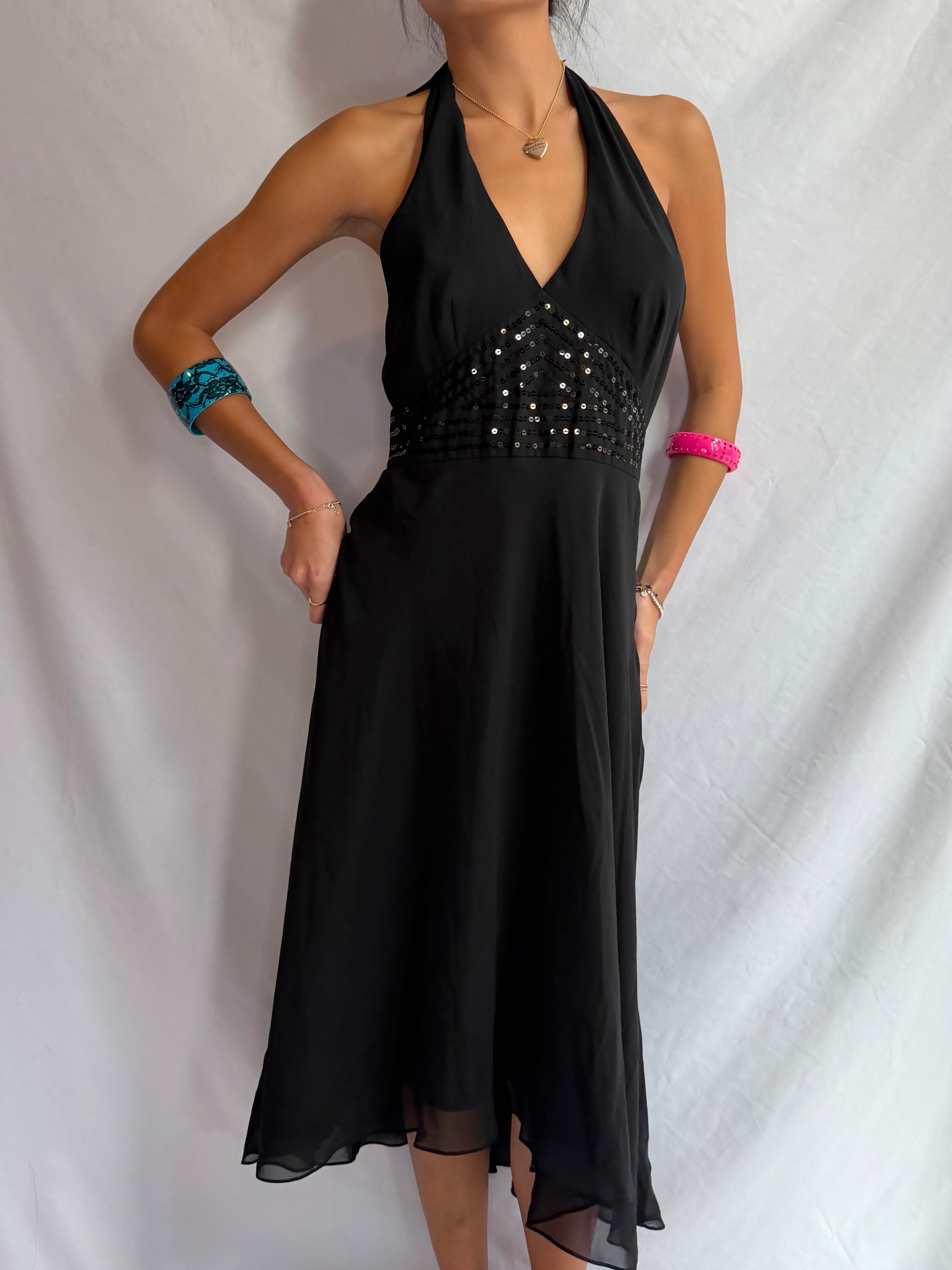 Vintage black sequin halter midi dress