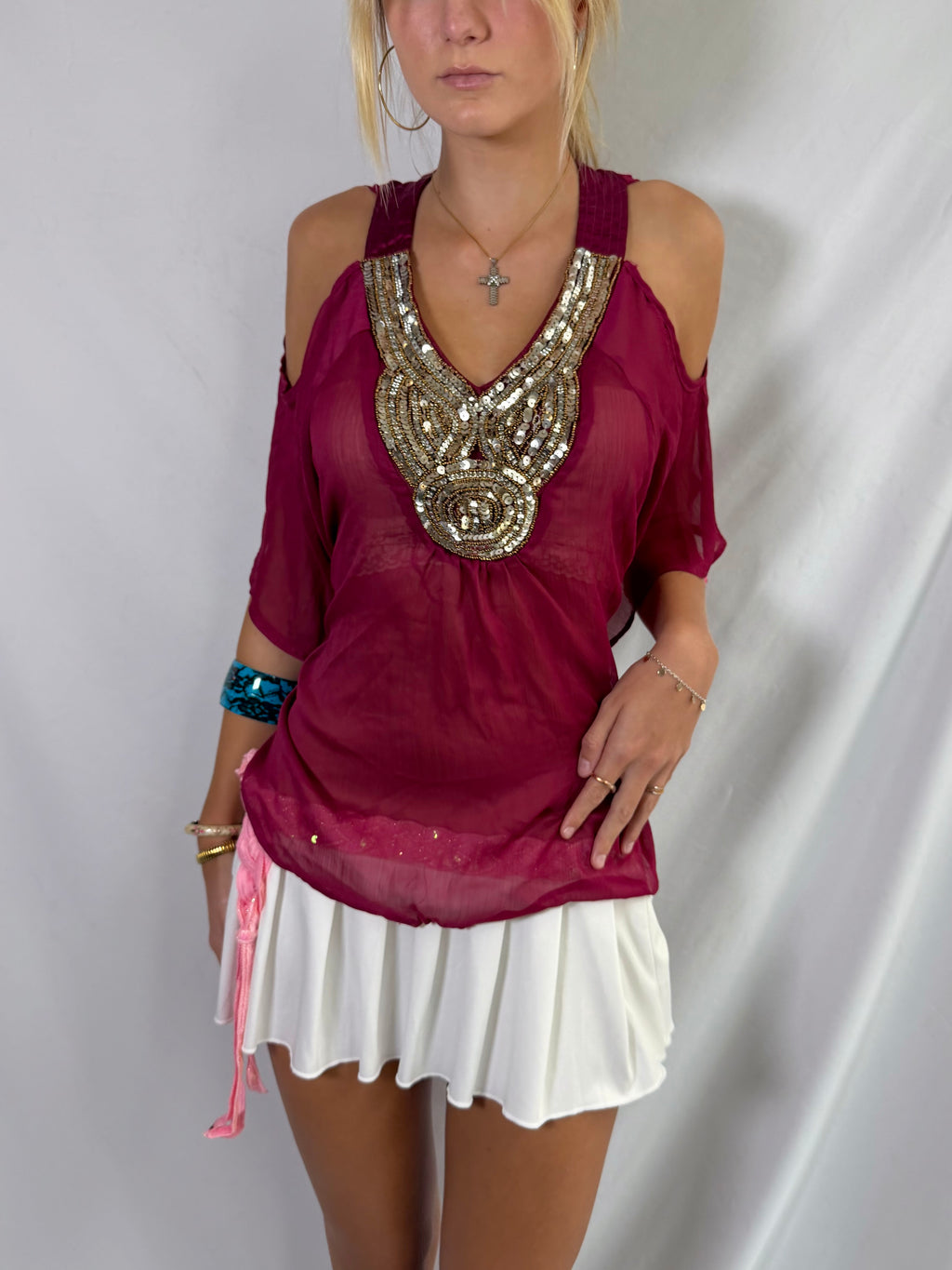 Vintage maroon sheer beaded top