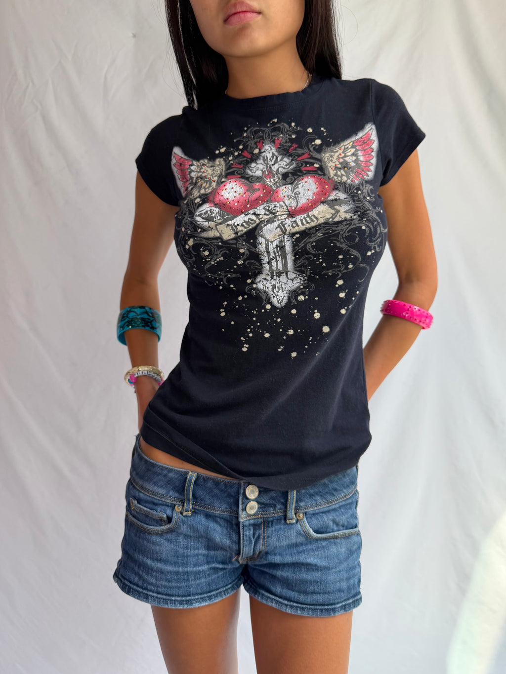 Vintage black rhinestone cross top