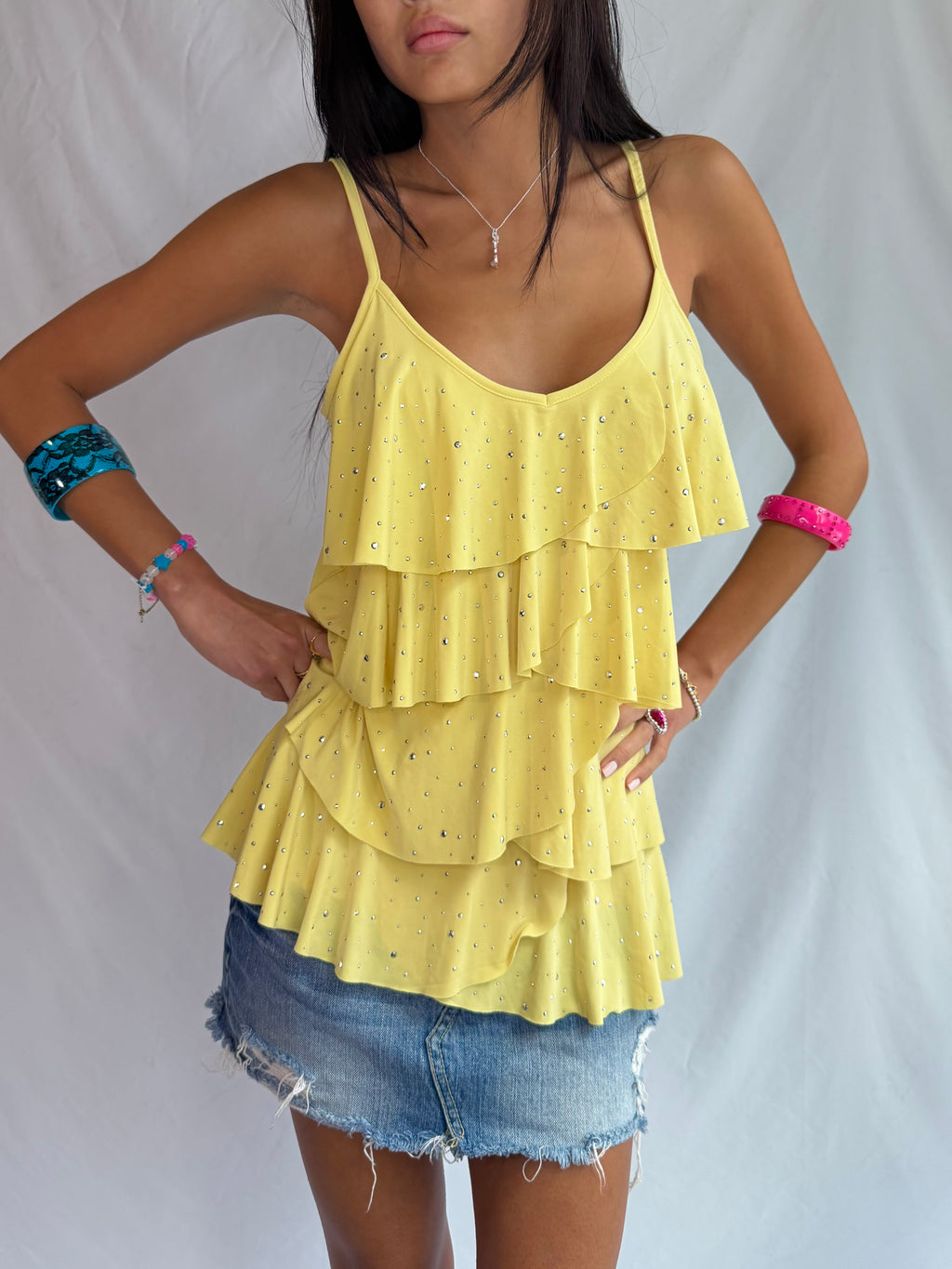 Vintage yellow rhinestone tank top