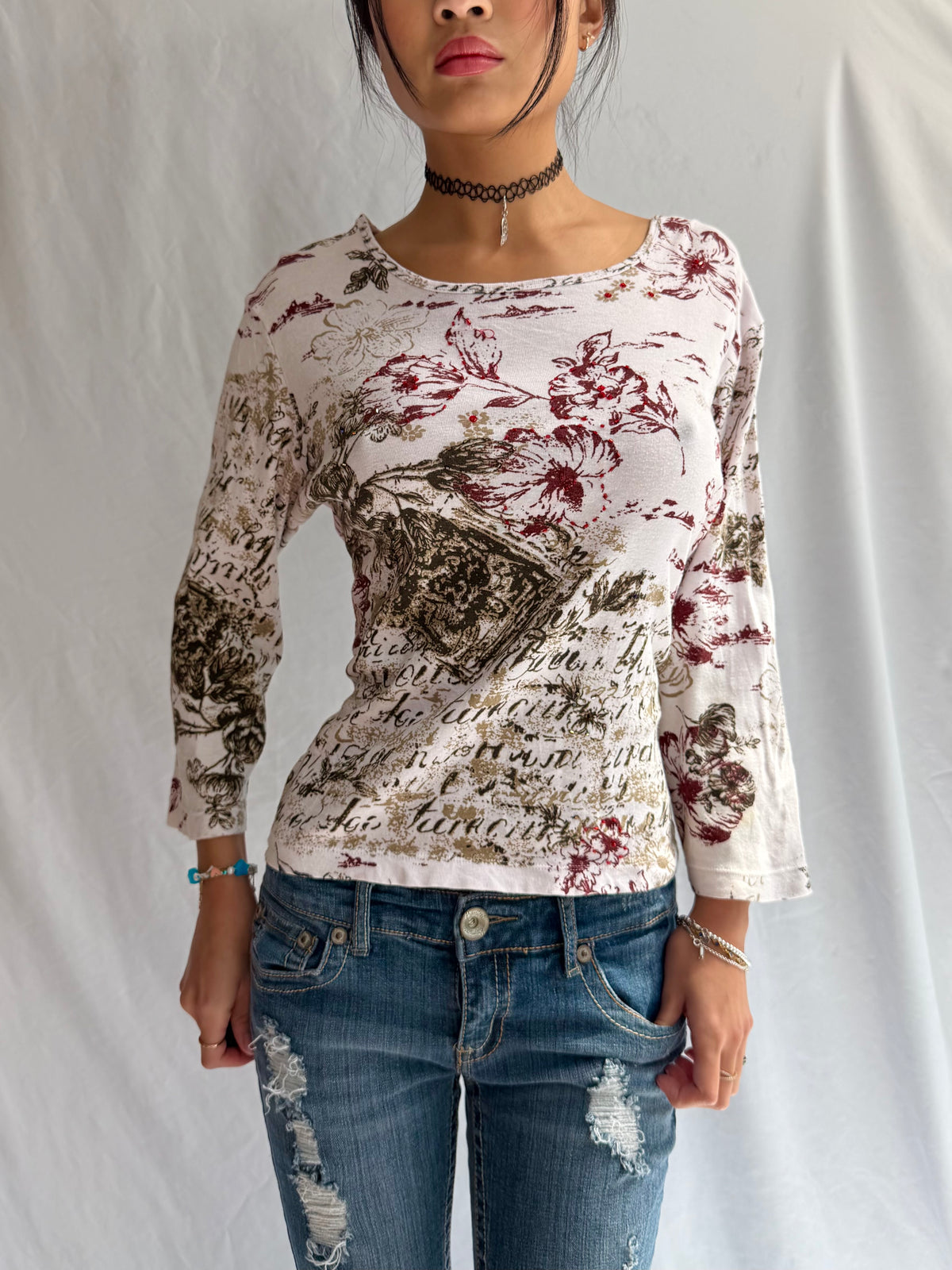 Vintage white & brown rhinestone long sleeve top