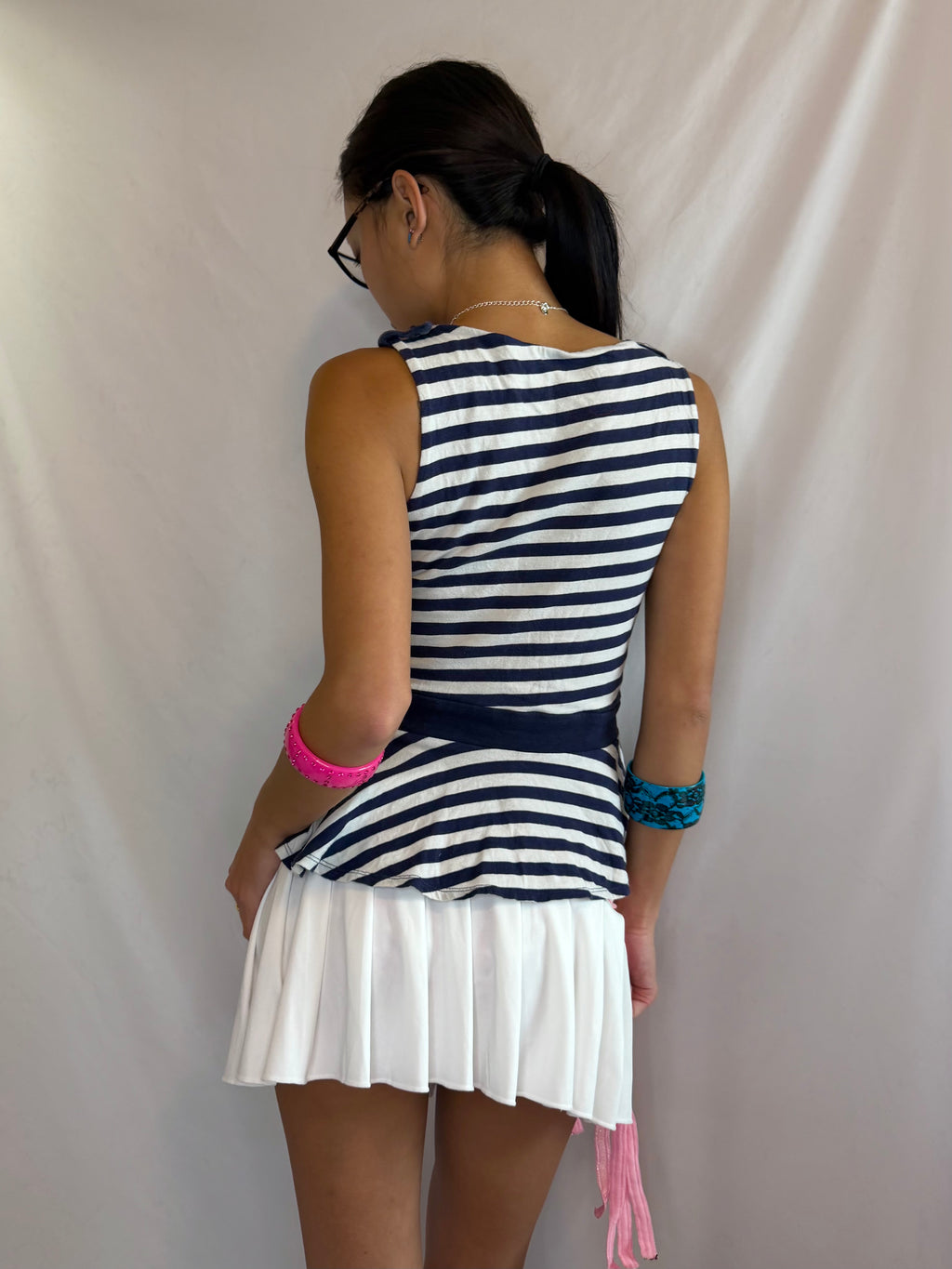 Vintage navy striped flare tank top