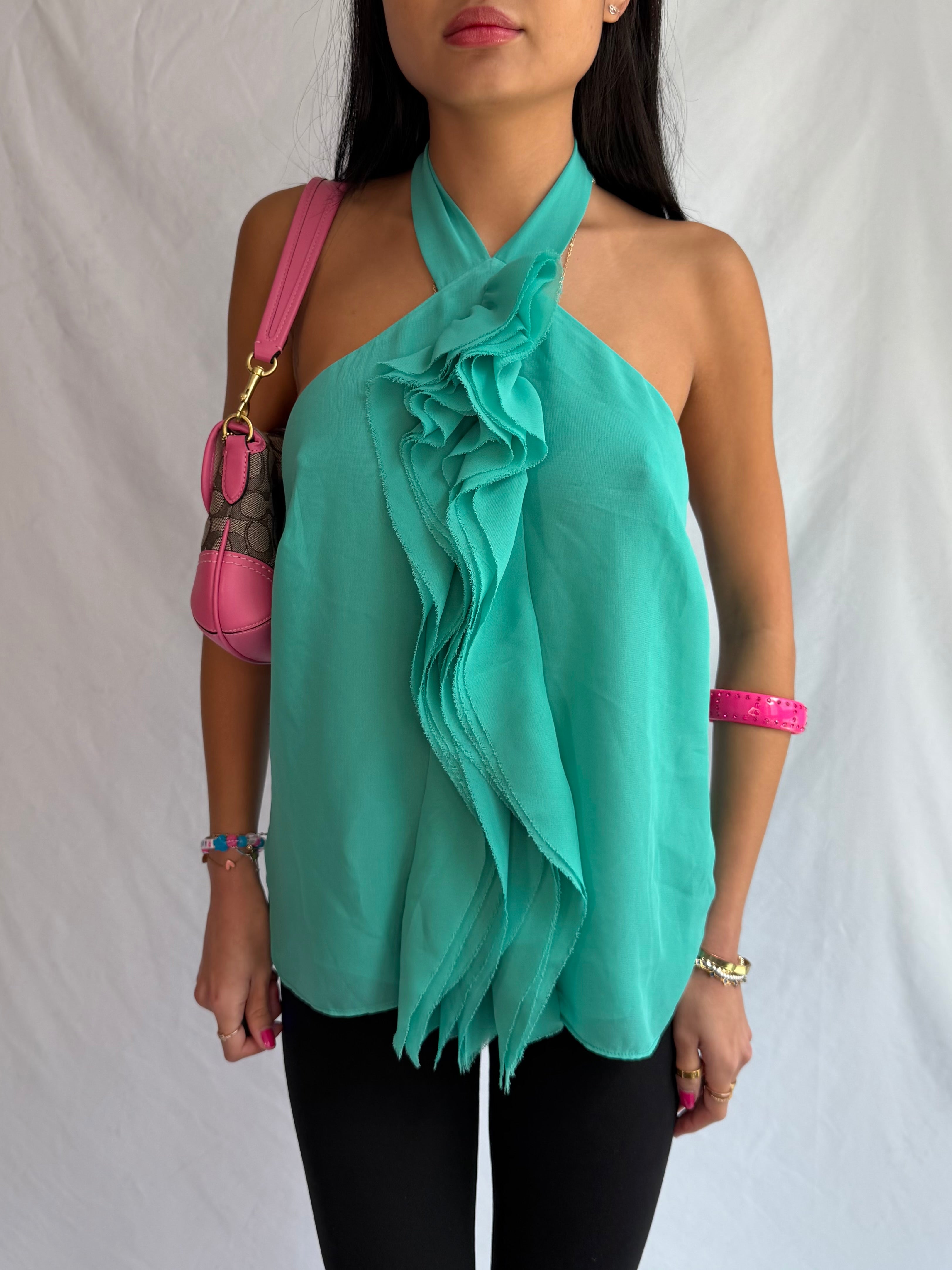 vintage teal ruffle halter top ⋆˙⟡