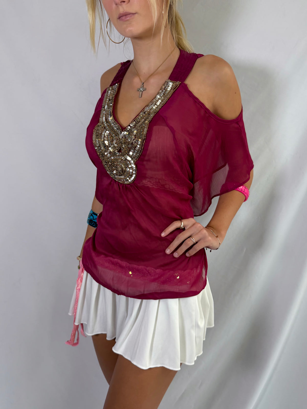 Vintage maroon sheer beaded top