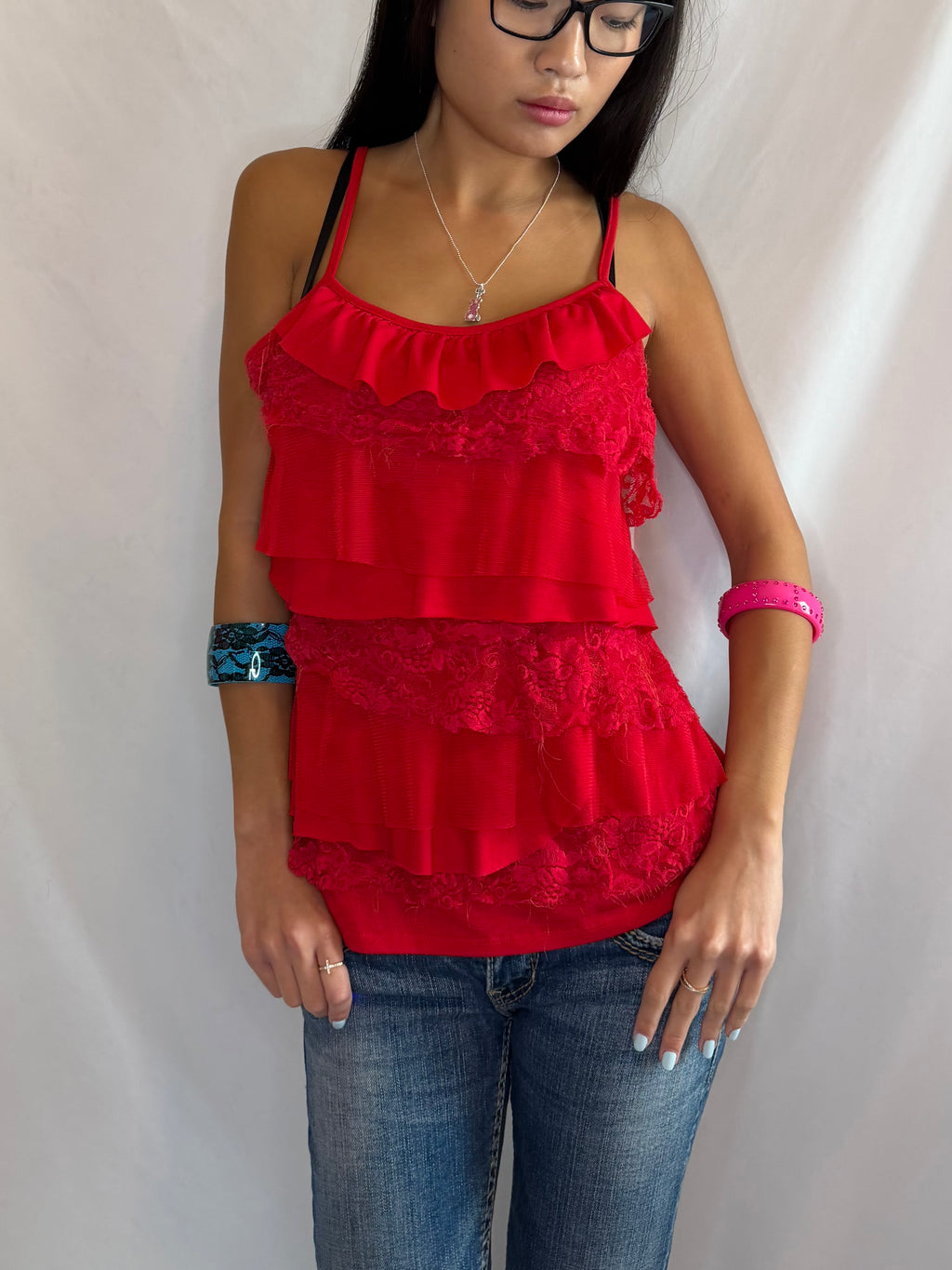 Vintage red lace ruffle tank top