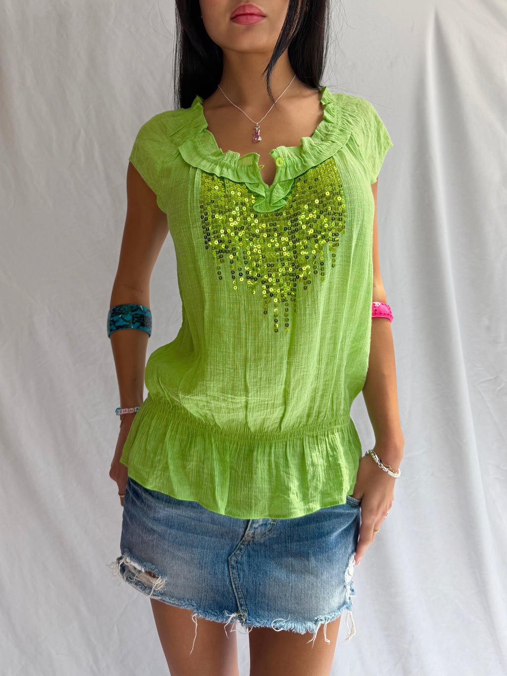 Vintage green sequin ruffle top