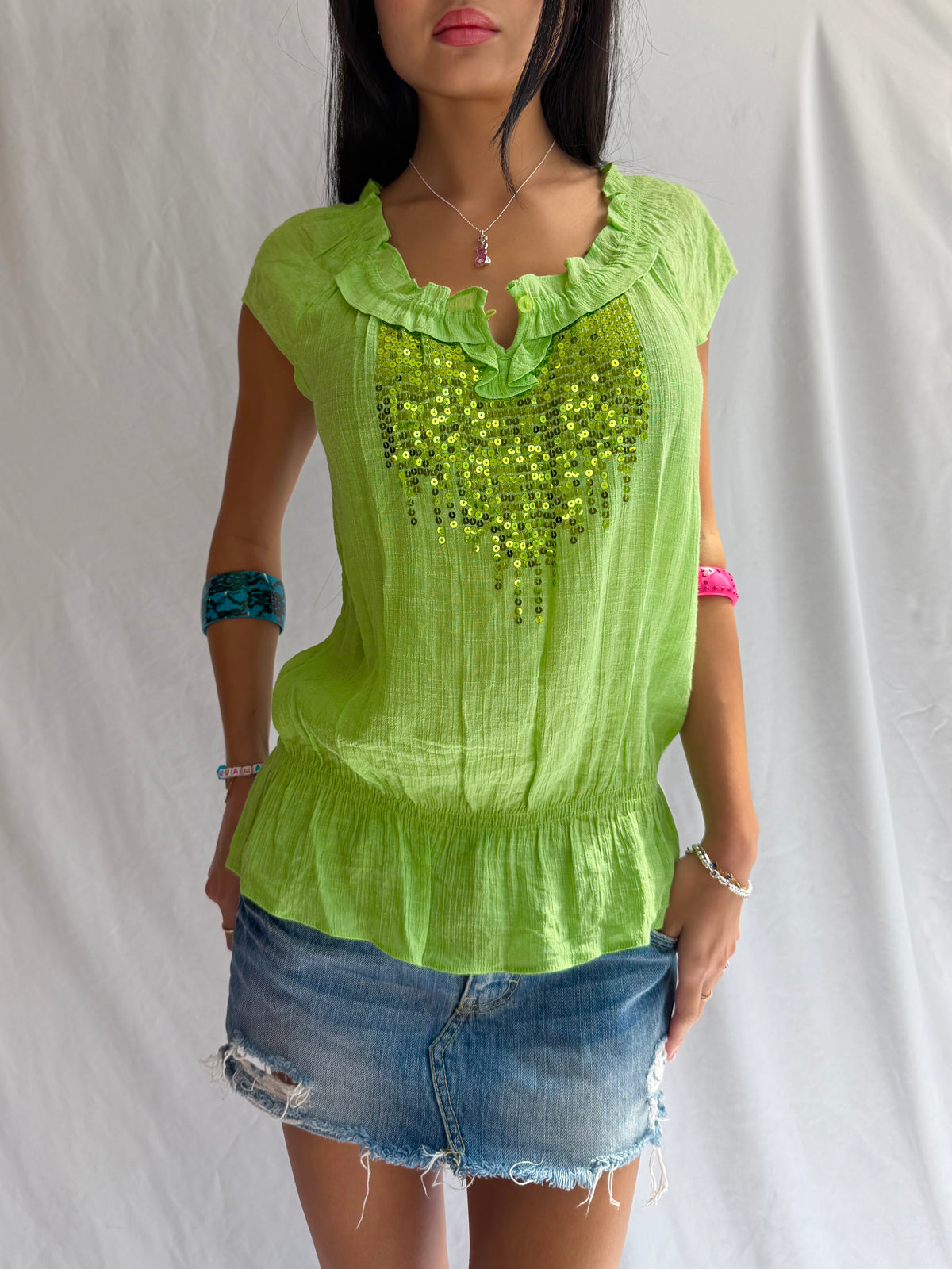 Vintage green sequin ruffle top
