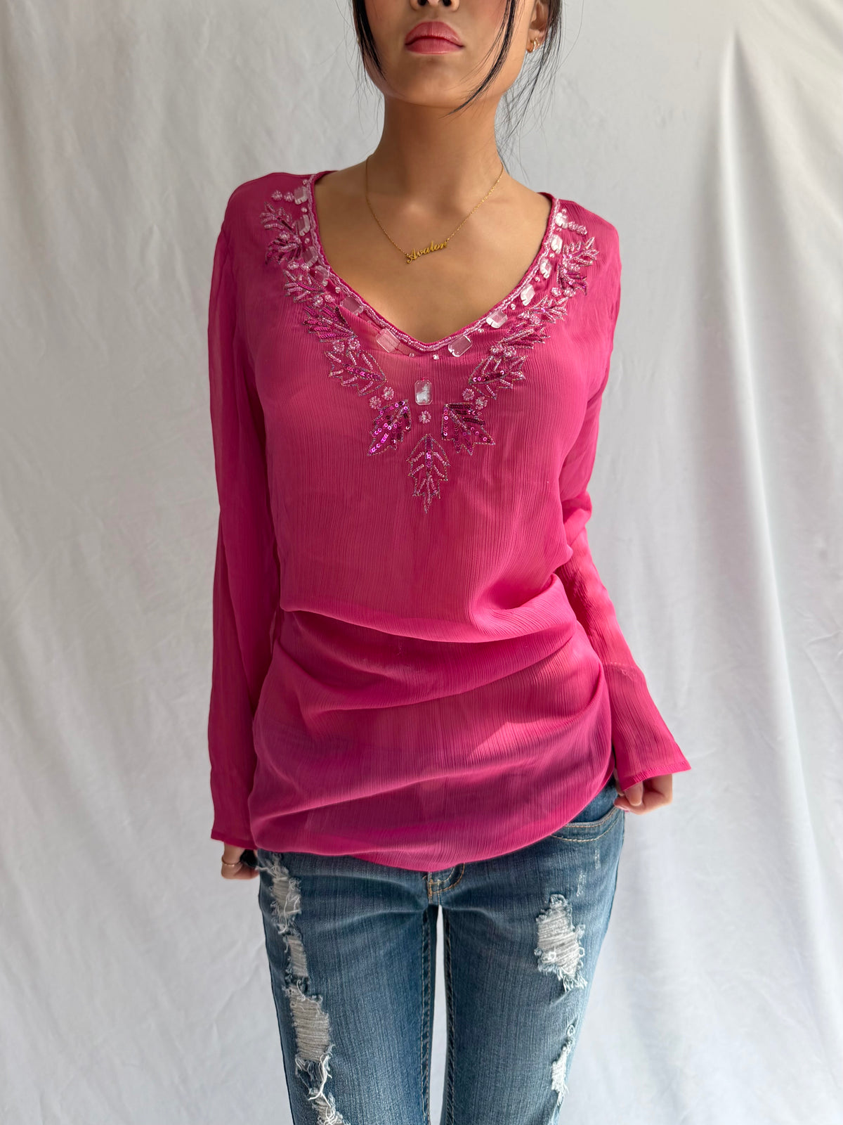 Vintage sheer pink embellished mini dress top