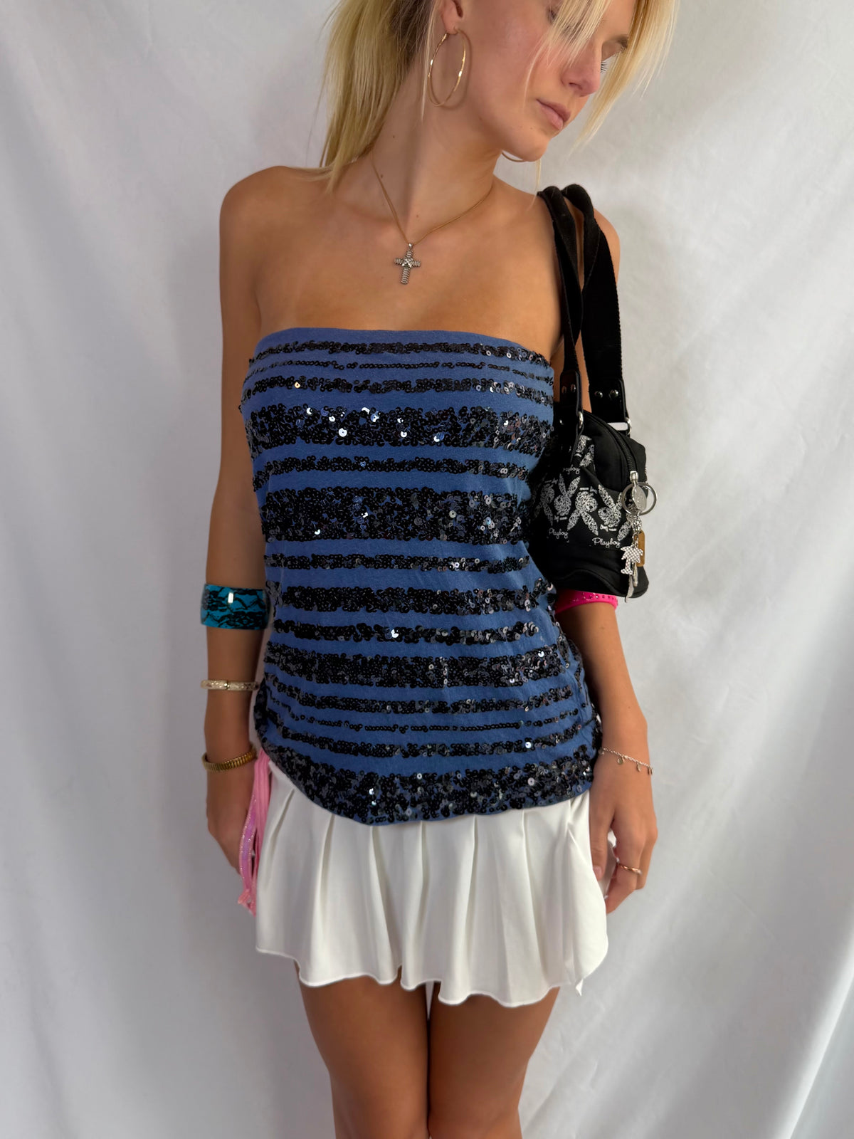 Vintage navy sequin strapless top