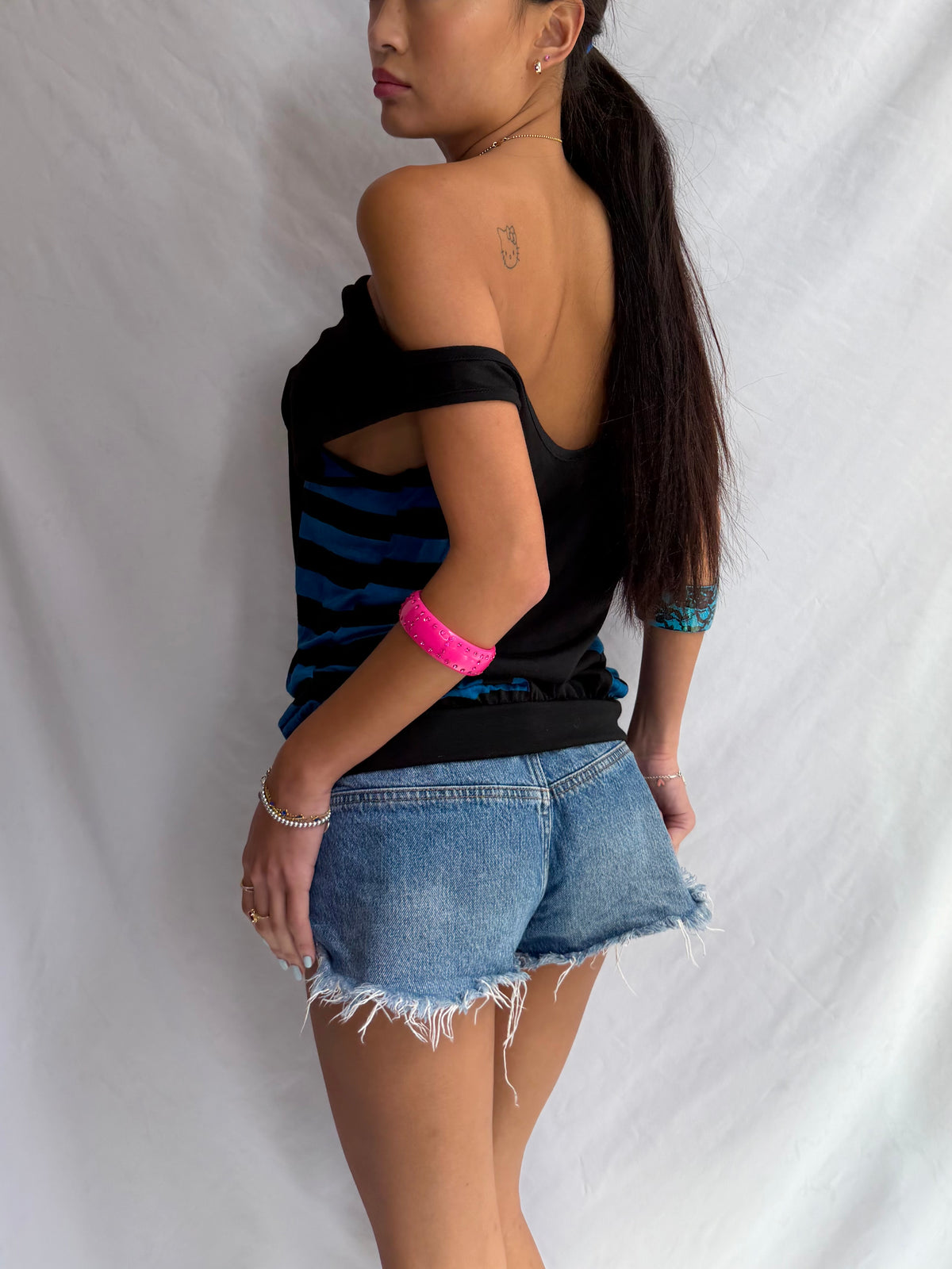 Vintage blue striped off the shoulder top