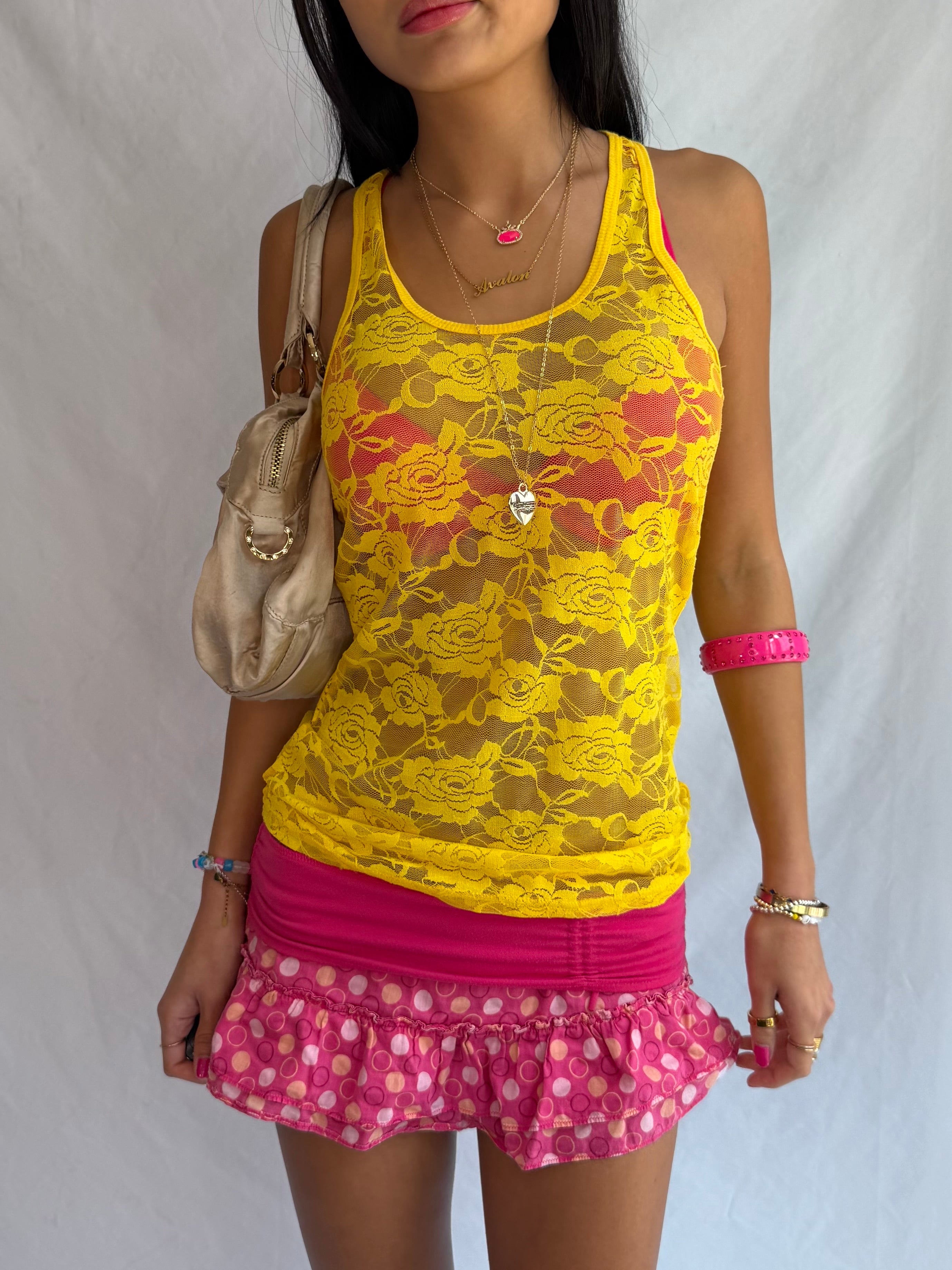 vintage yellow lace tank top .𖥔 ݁ ˖