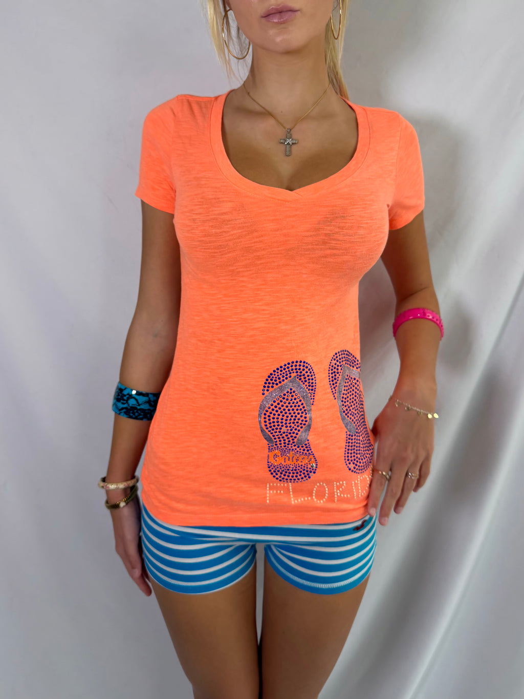 Vintage orange rhinestone v neck top