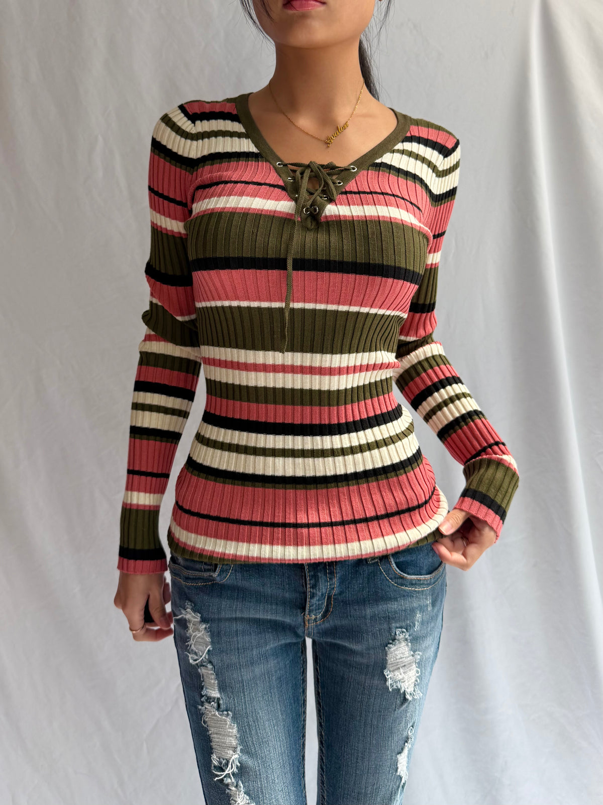 Vintage lace up fitted sweater