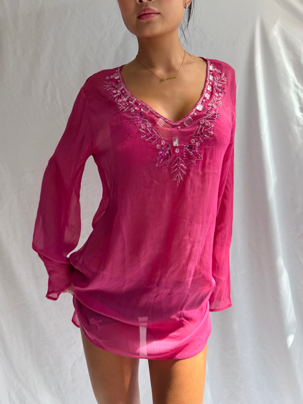 Vintage sheer pink embellished mini dress top
