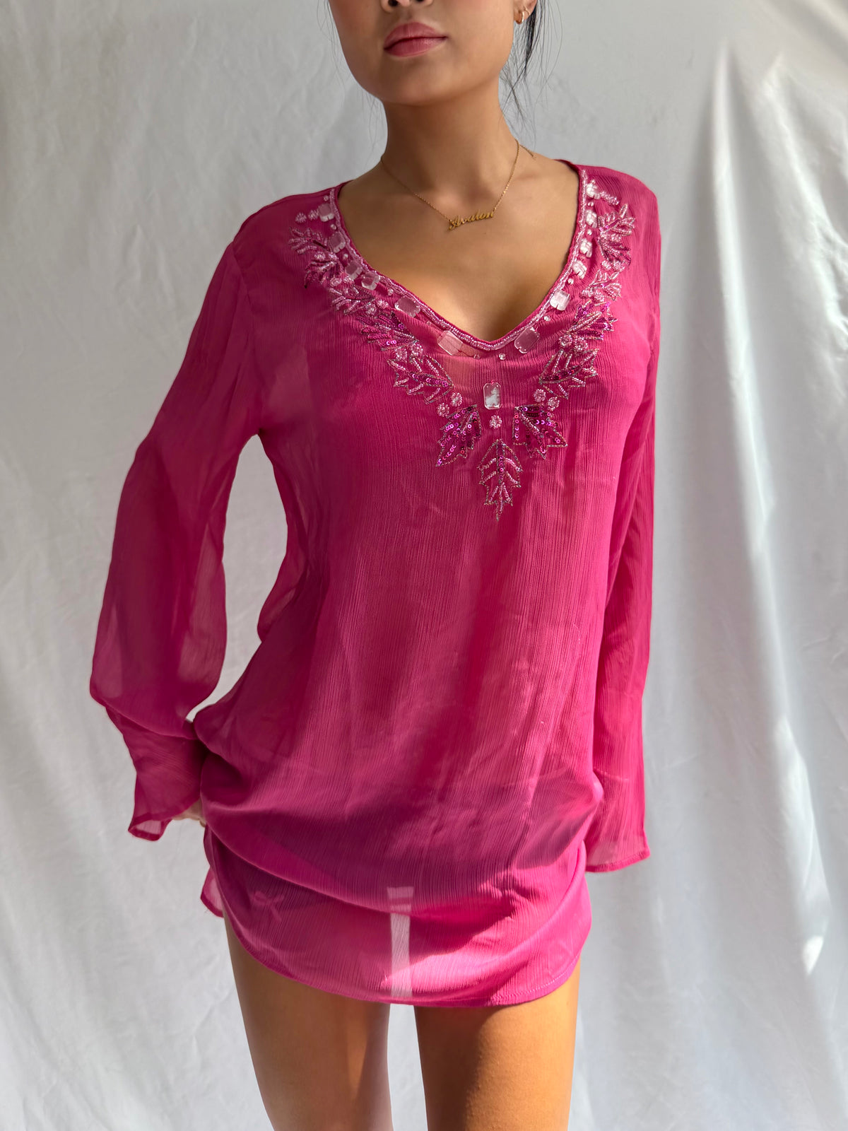 Vintage sheer pink embellished mini dress top