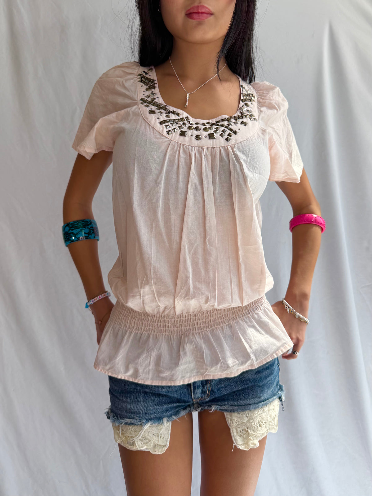 Vintage pink studded babydoll top