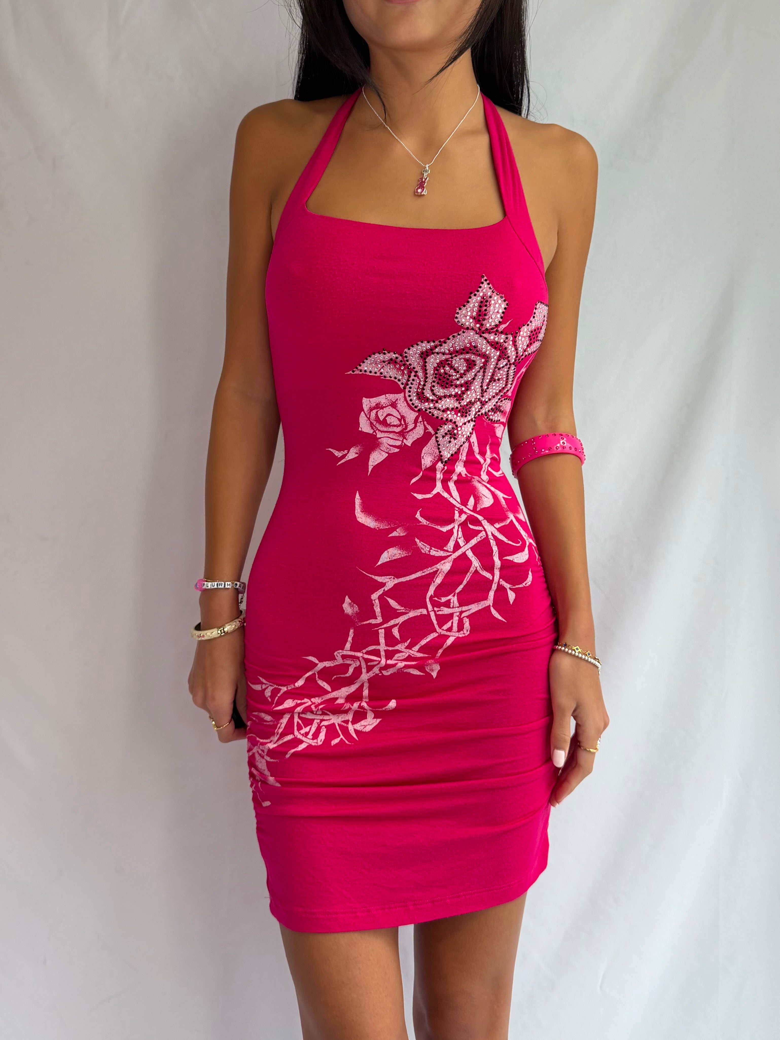 Vintage red rhinestone floral mini dress