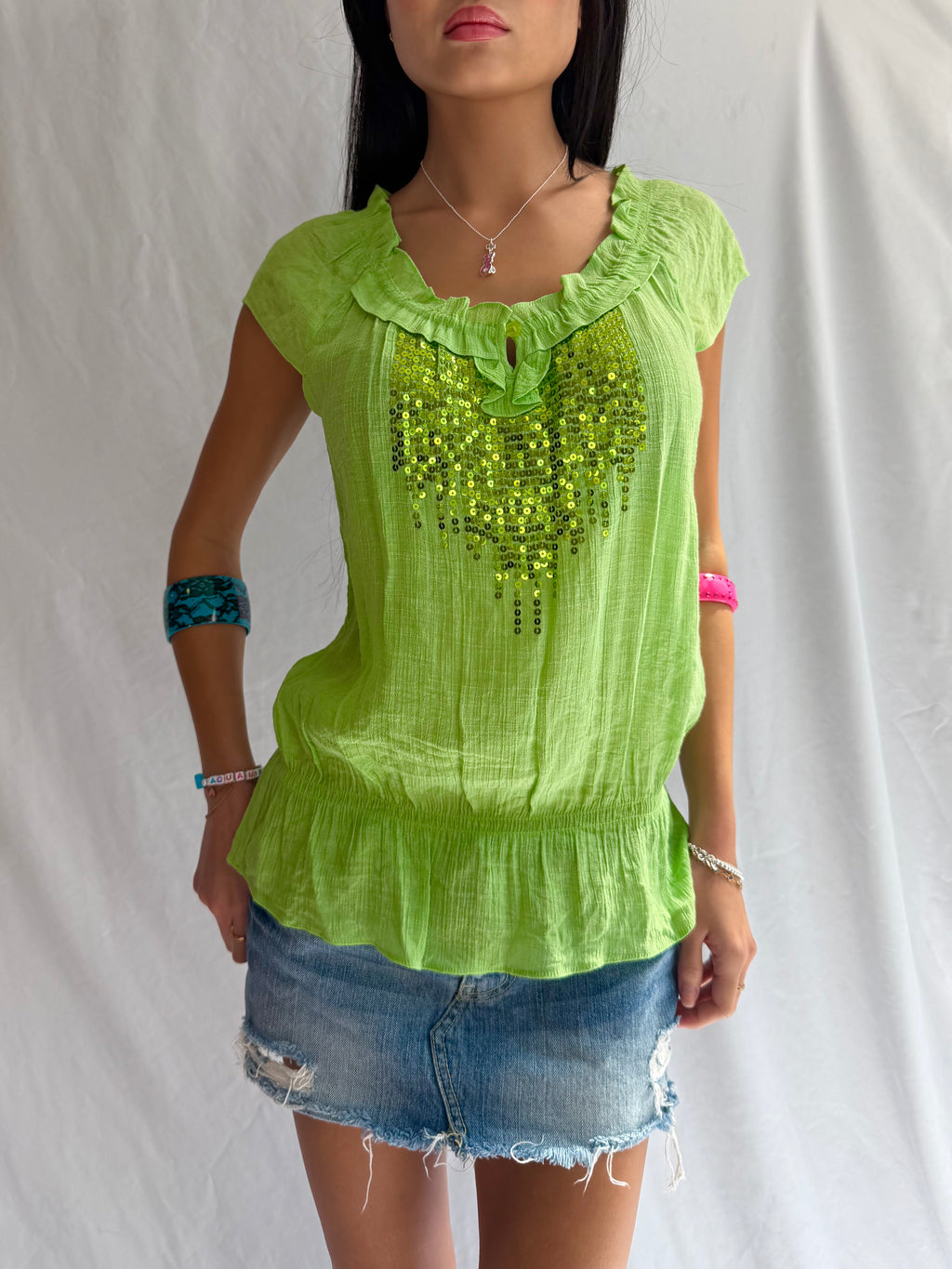 Vintage green sequin ruffle top