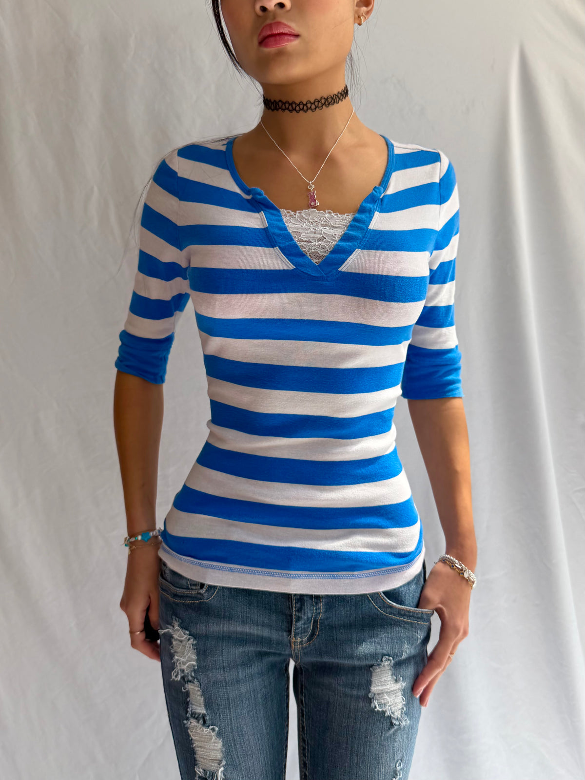 Vintage blue striped v neck long sleeve top