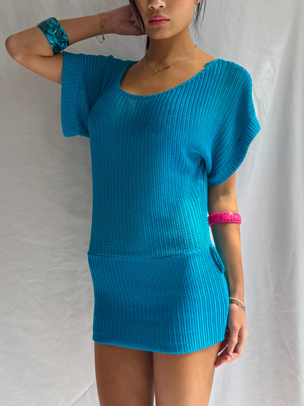 Vintage teal crochet sweater mini dress