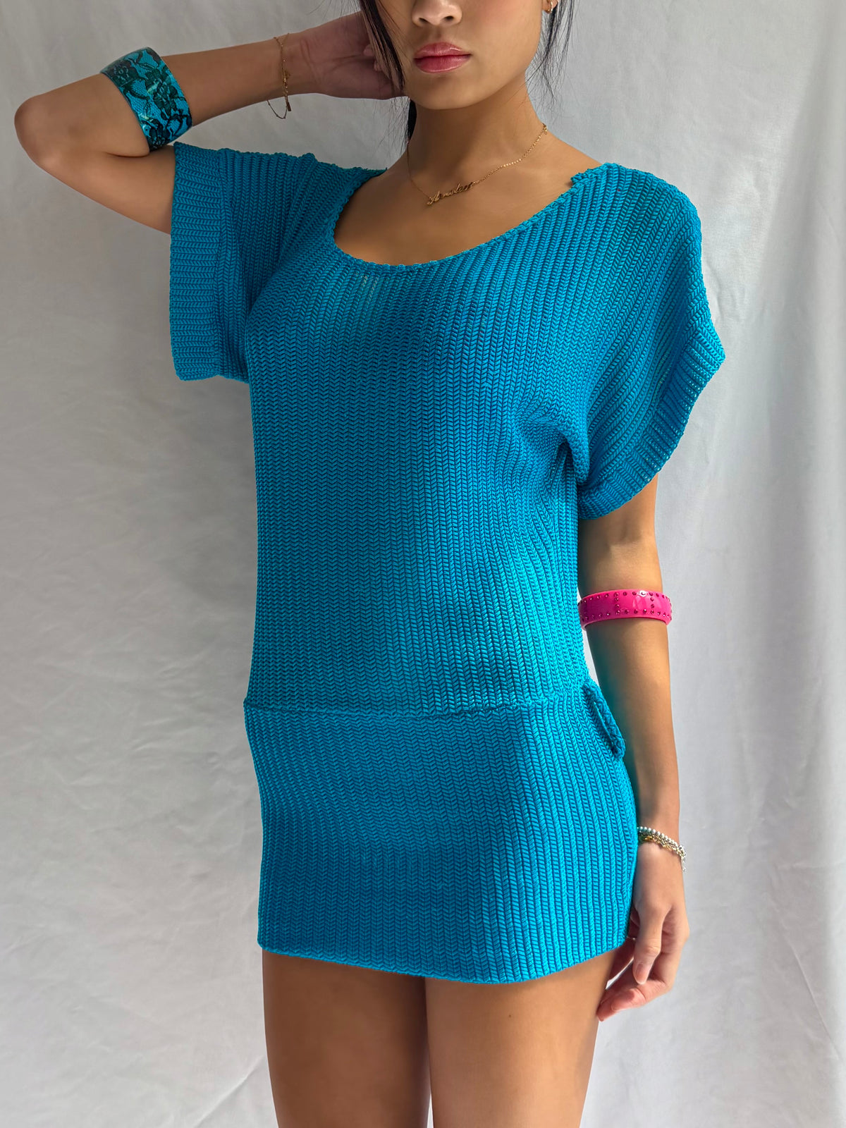 Vintage teal crochet sweater mini dress