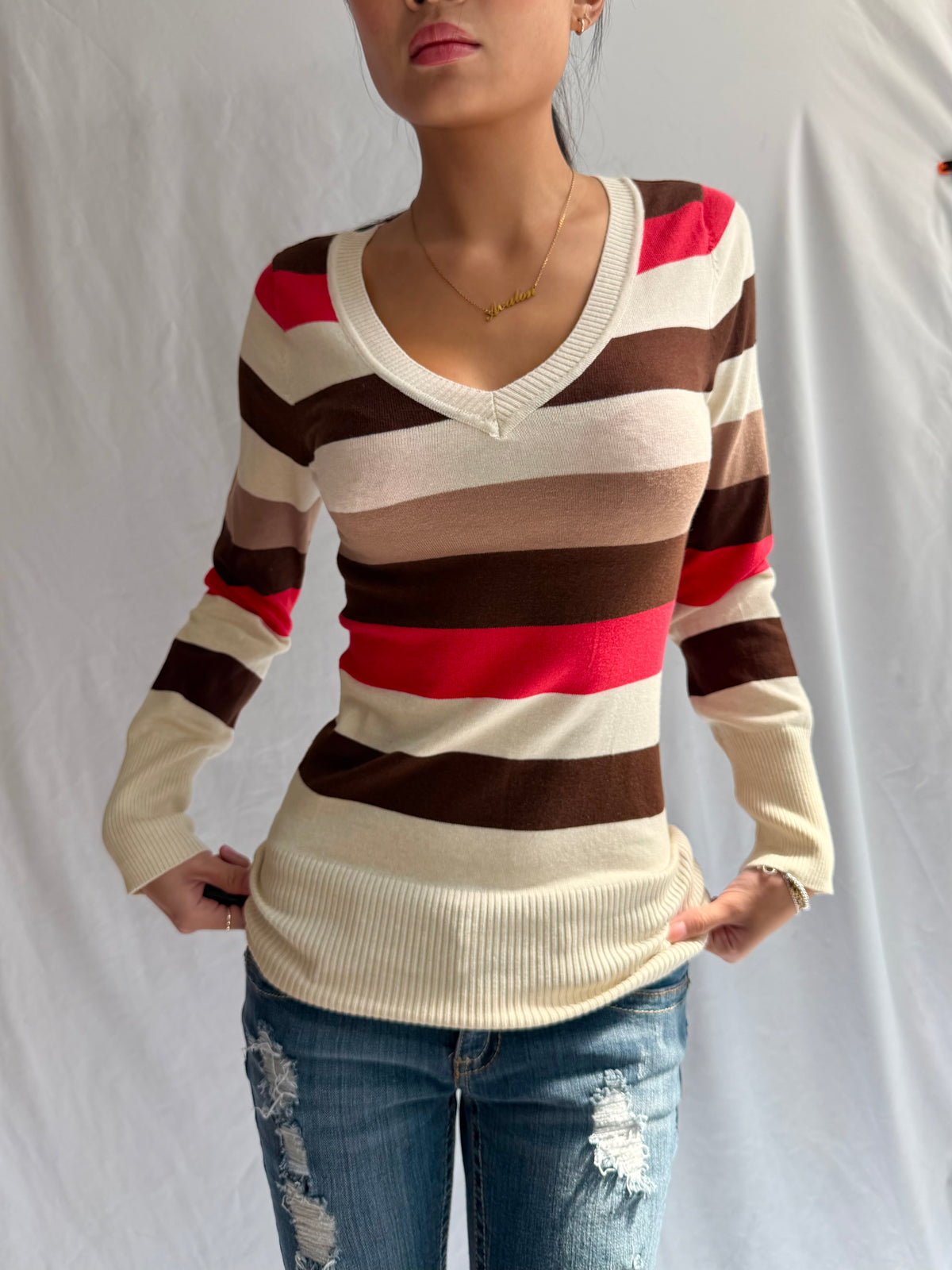 Vintage brown striped fitted sweater