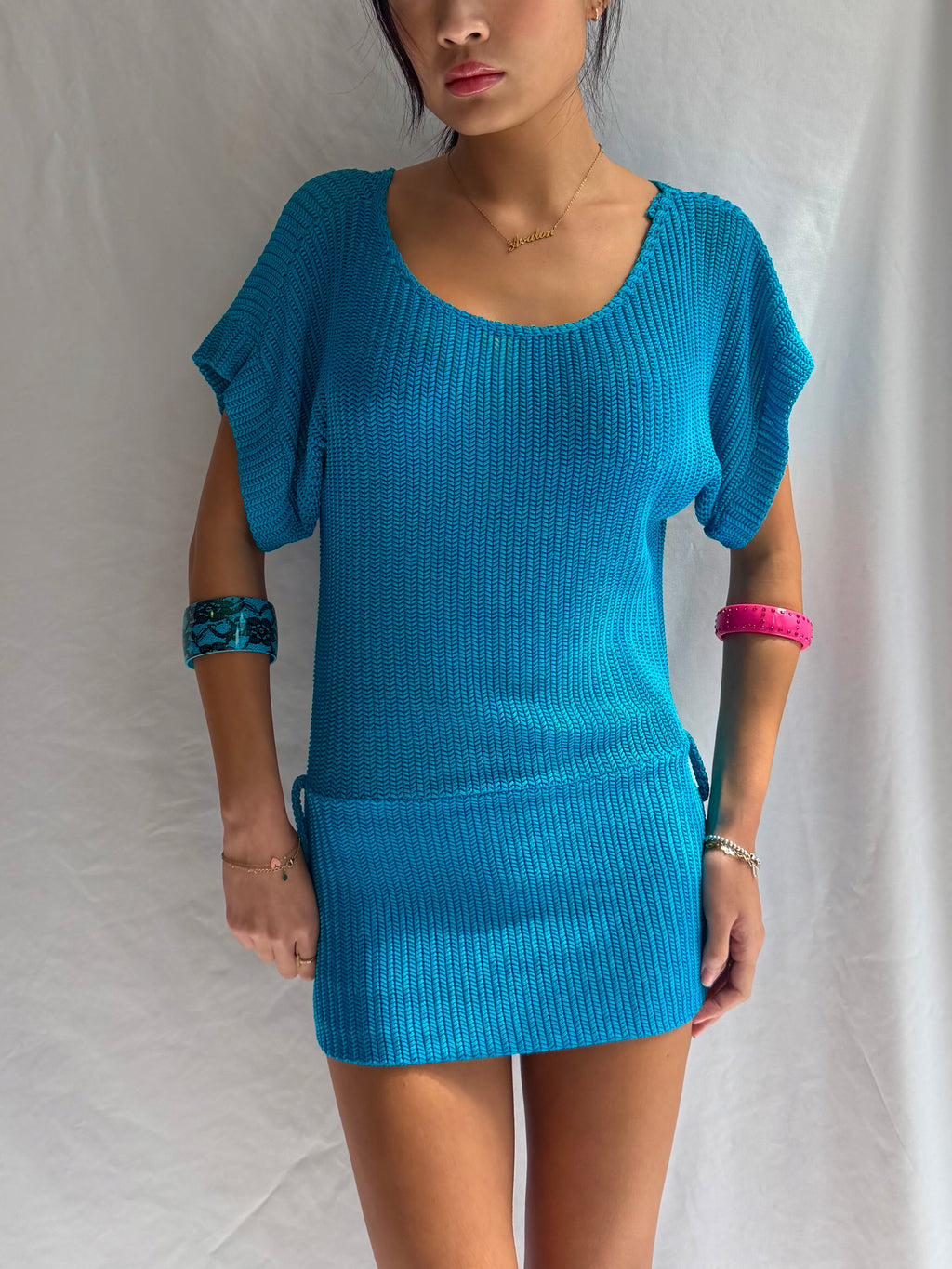 Vintage teal crochet sweater mini dress
