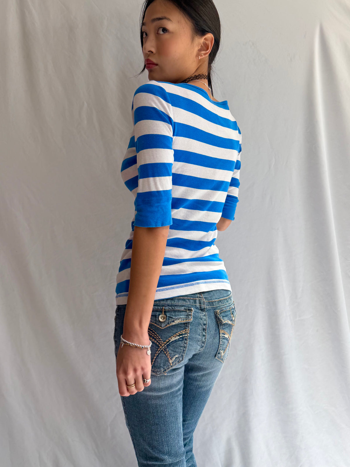 Vintage blue striped v neck long sleeve top