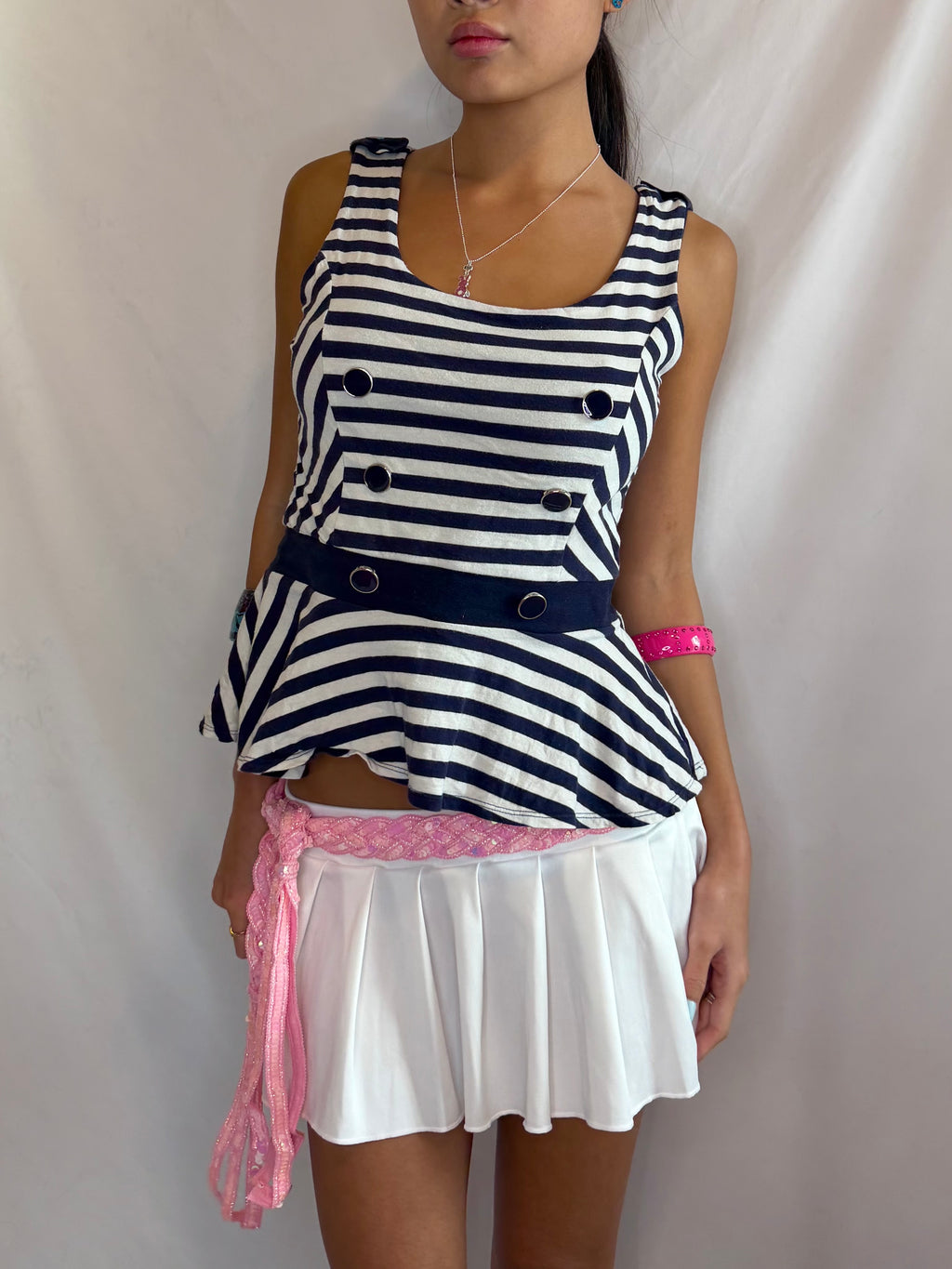 Vintage navy striped flare tank top