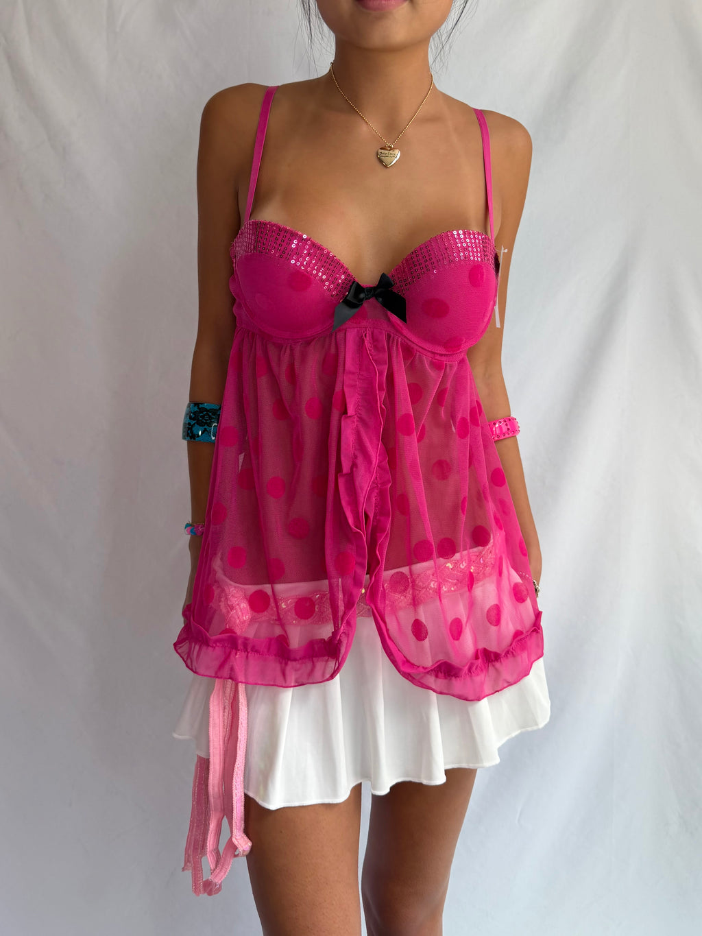 Vintage pink polka dot babydoll cami top