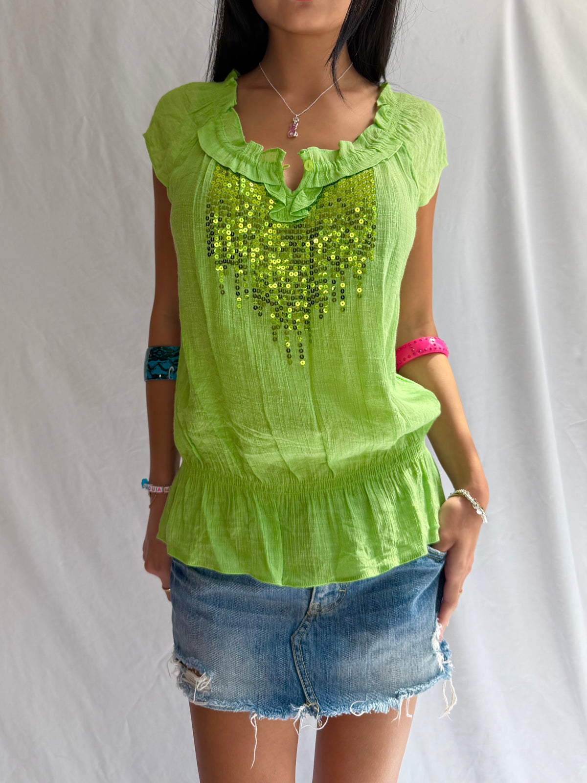 Vintage green sequin ruffle top
