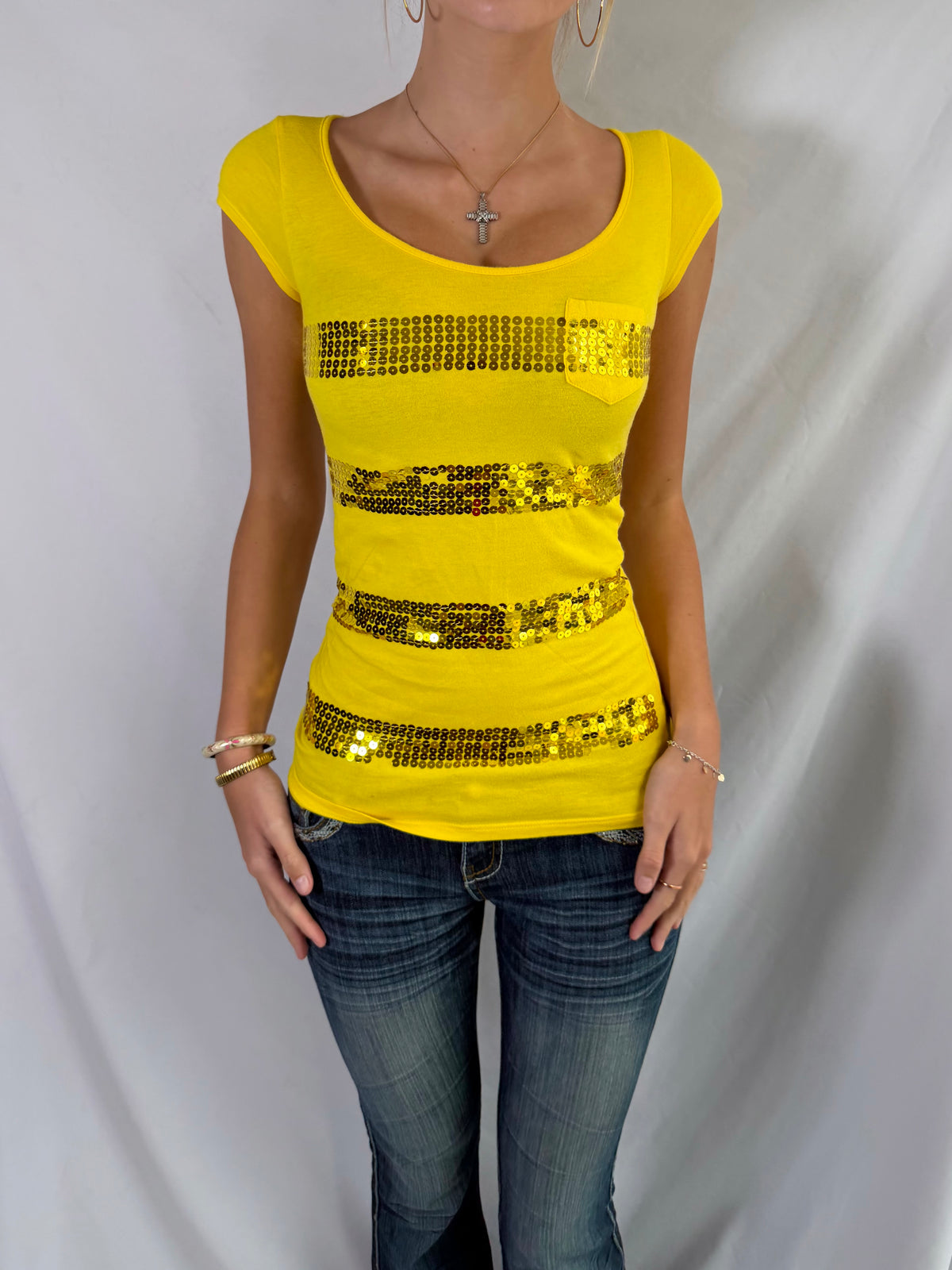 Vintage yellow sequin striped top