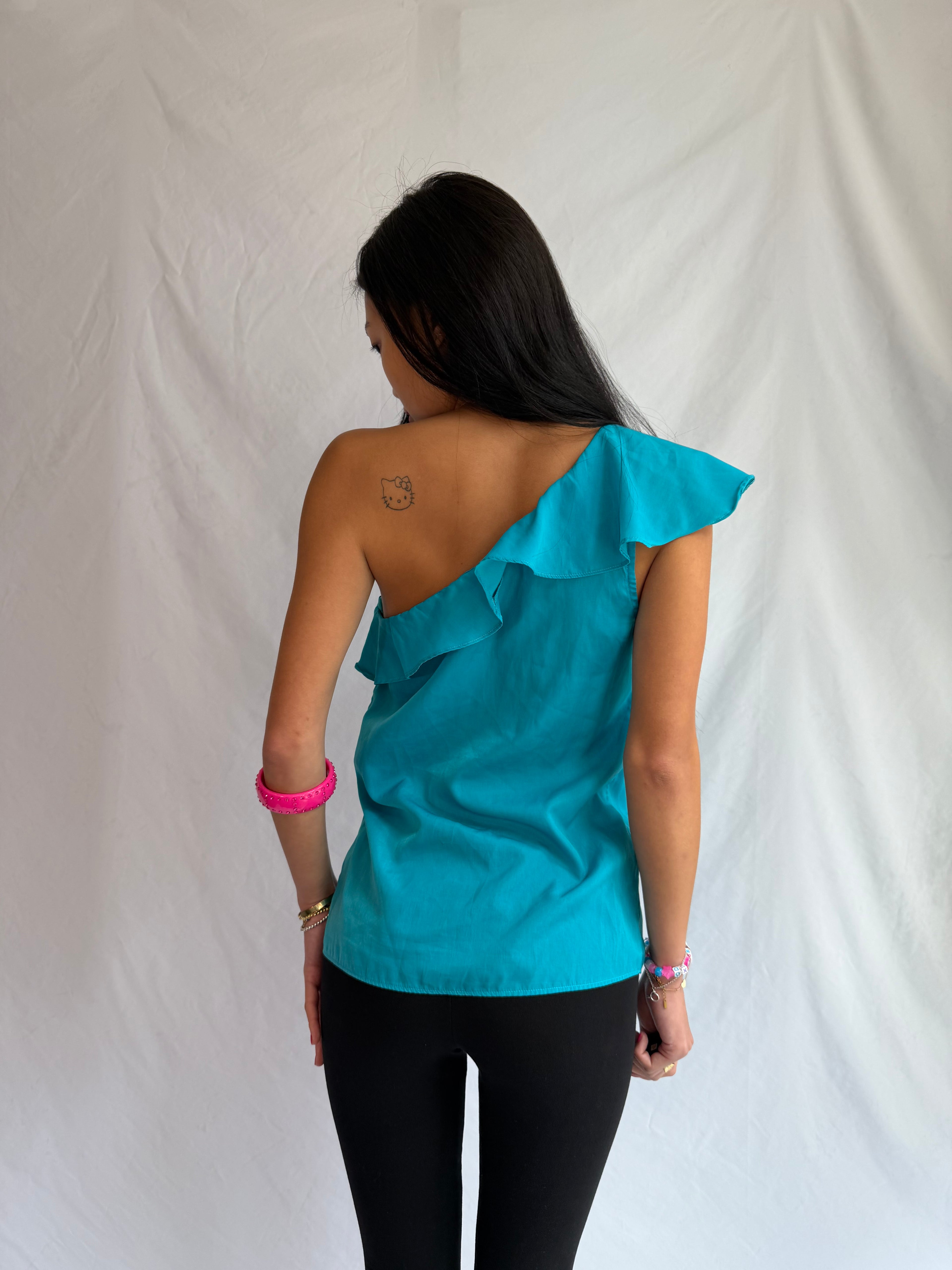 vintage blue one shoulder ruffle top ⋆˙⟡